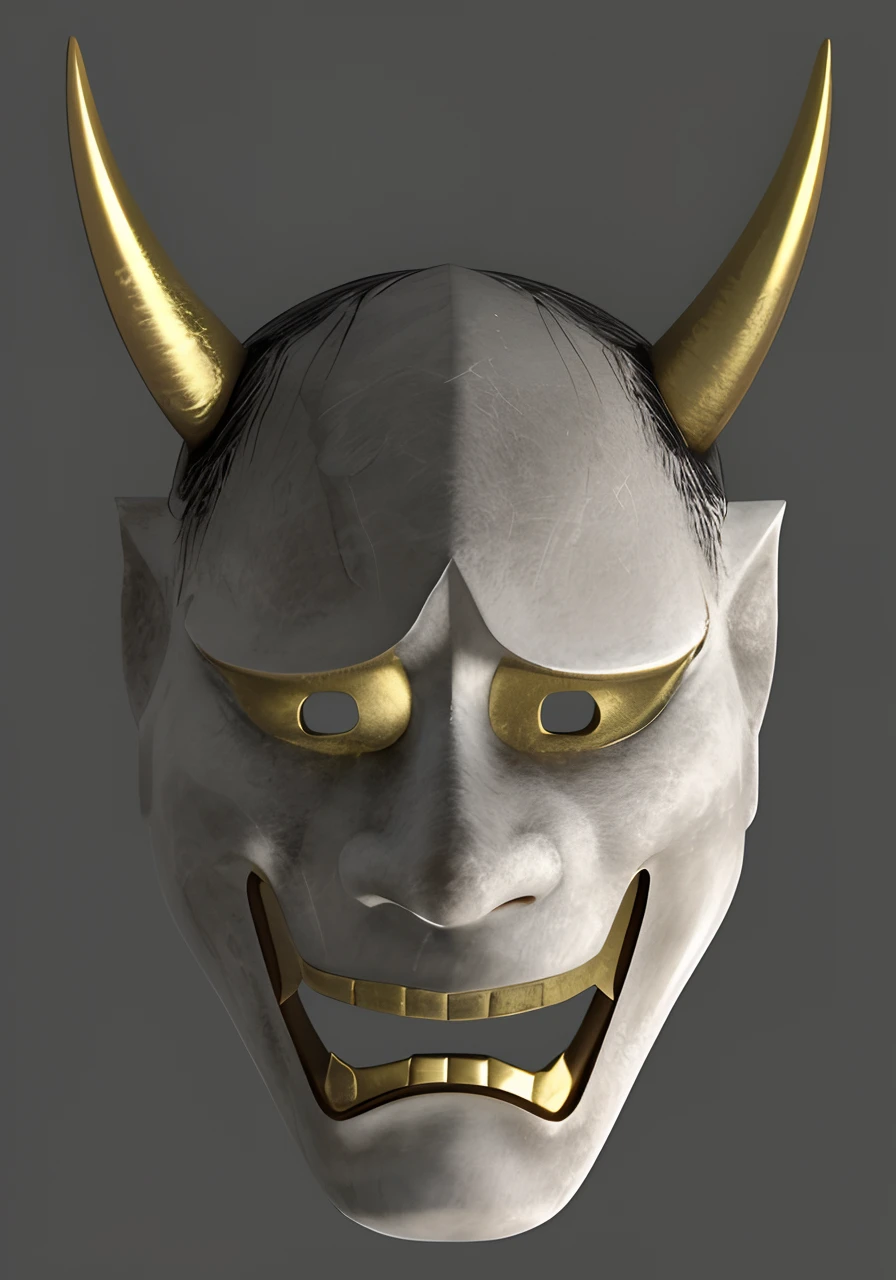 Smooth surface without stains,Glows like pottery,Smooth surface shining white,The whole glows white like pottery,Close up of mask with horns and gold teeth, 3d model of a japanese mascot, Samurai Mask, inspired by Kaigetsudō Anchi, PBR rendering, oni horns, kabuki mask, rendered in maya, tengu mask, extra detailed face