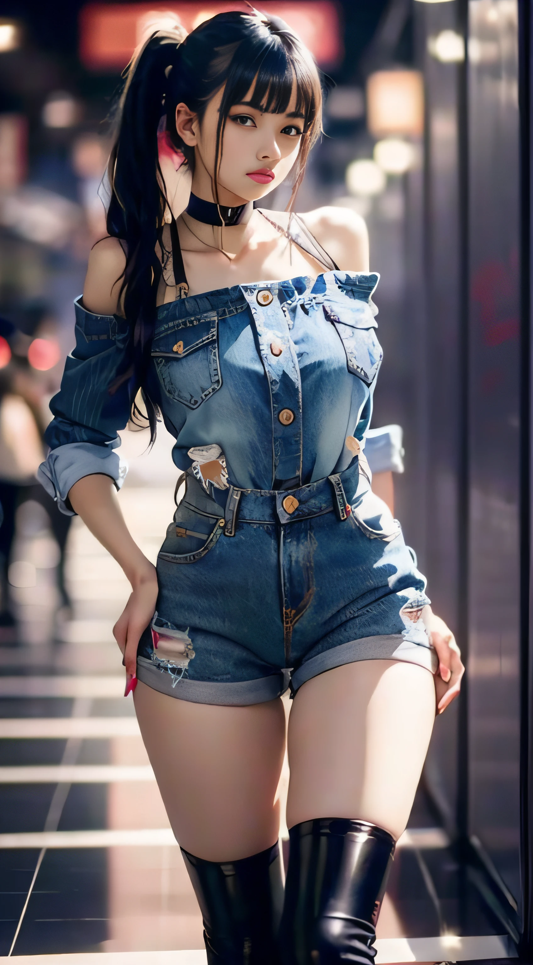 denim short,blackstockings,Mall,(Inspired by the Avengers),pony tails,One-piece unisex trousers,machine girl,Security level,big assa,(8K,photo RAW,Fotorrealista:1,25),(Excessive lip gloss,Very many eyelashes,best qualityer,超高分辨率,depth of fields,color difference,Wide light,natural color,Distant pictures(1:2)