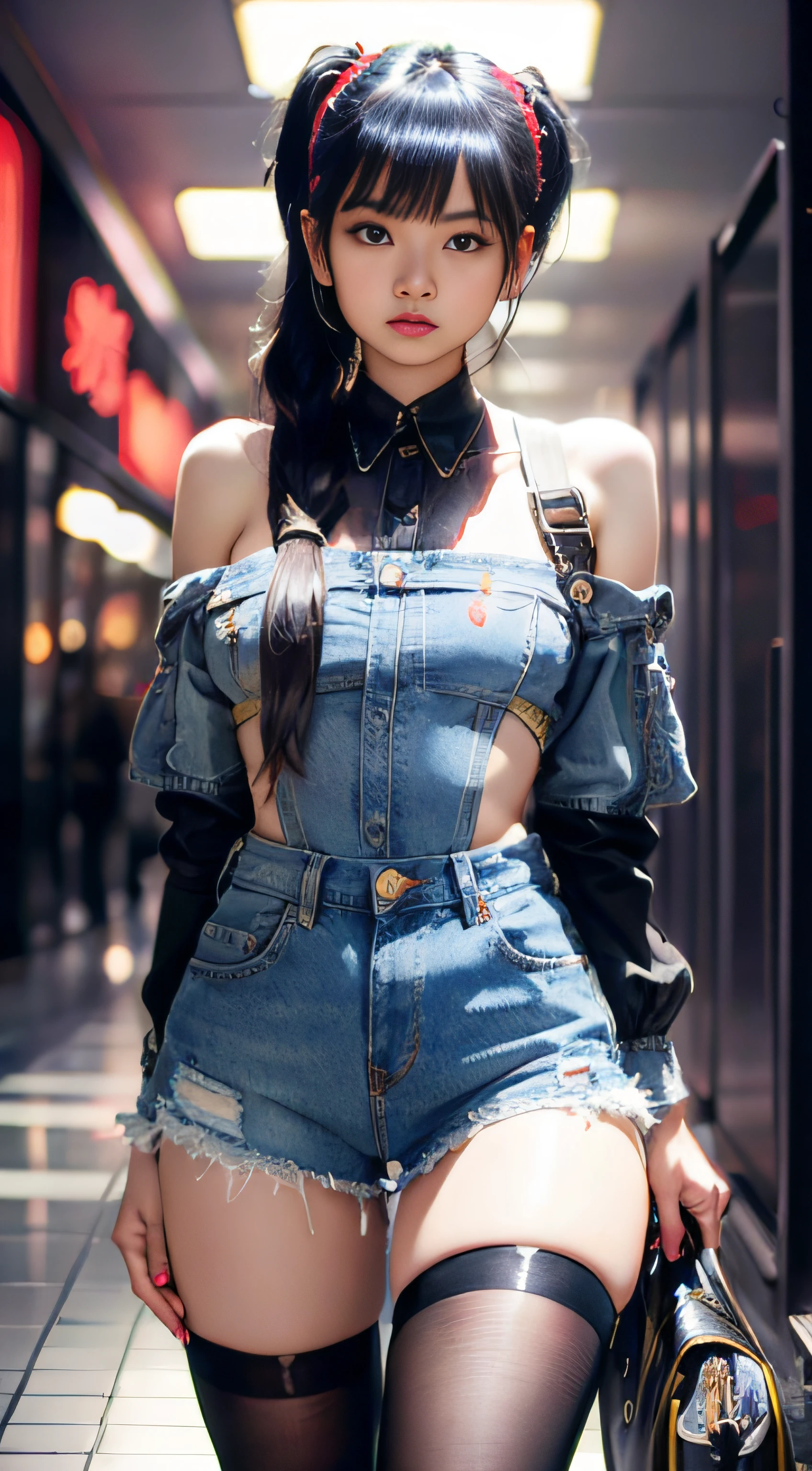 denim short,blackstockings,Mall,(Inspired by the Avengers),pony tails,One-piece unisex trousers,machine girl,Security level,big assa,(8K,photo RAW,Fotorrealista:1,25),(Excessive lip gloss,Very many eyelashes,best qualityer,超高分辨率,depth of fields,color difference,Wide light,natural color,Distant pictures(1:2)