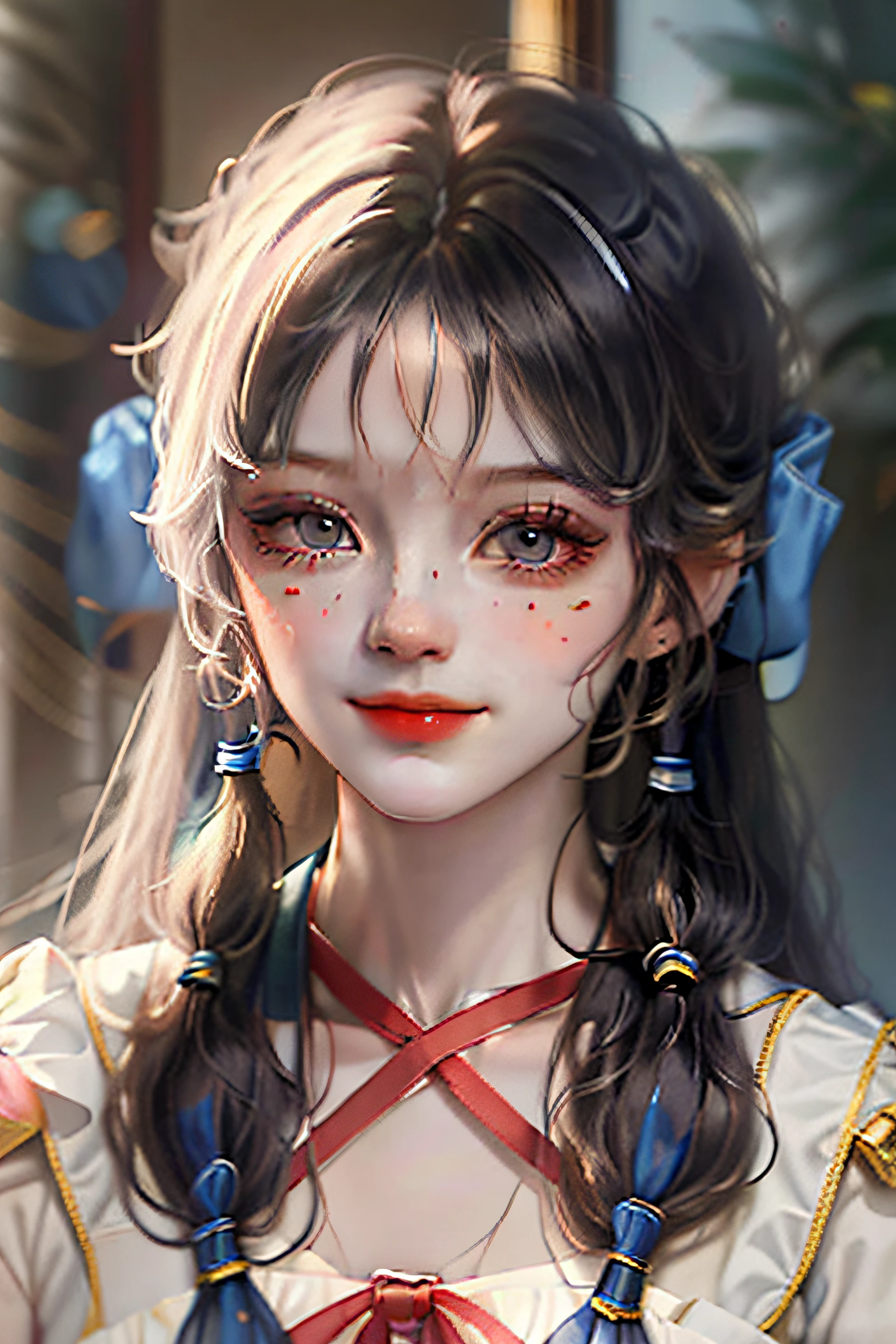 streaked hair, crossed bangs, twintails, bell, ribbon, hair bow, mismatched pupils, eyeball, light smile, shy, full bodyesbian, woman, Surrealism, high detail, chiaroscuro, depth of field, UHD, masterpiece, 8k
