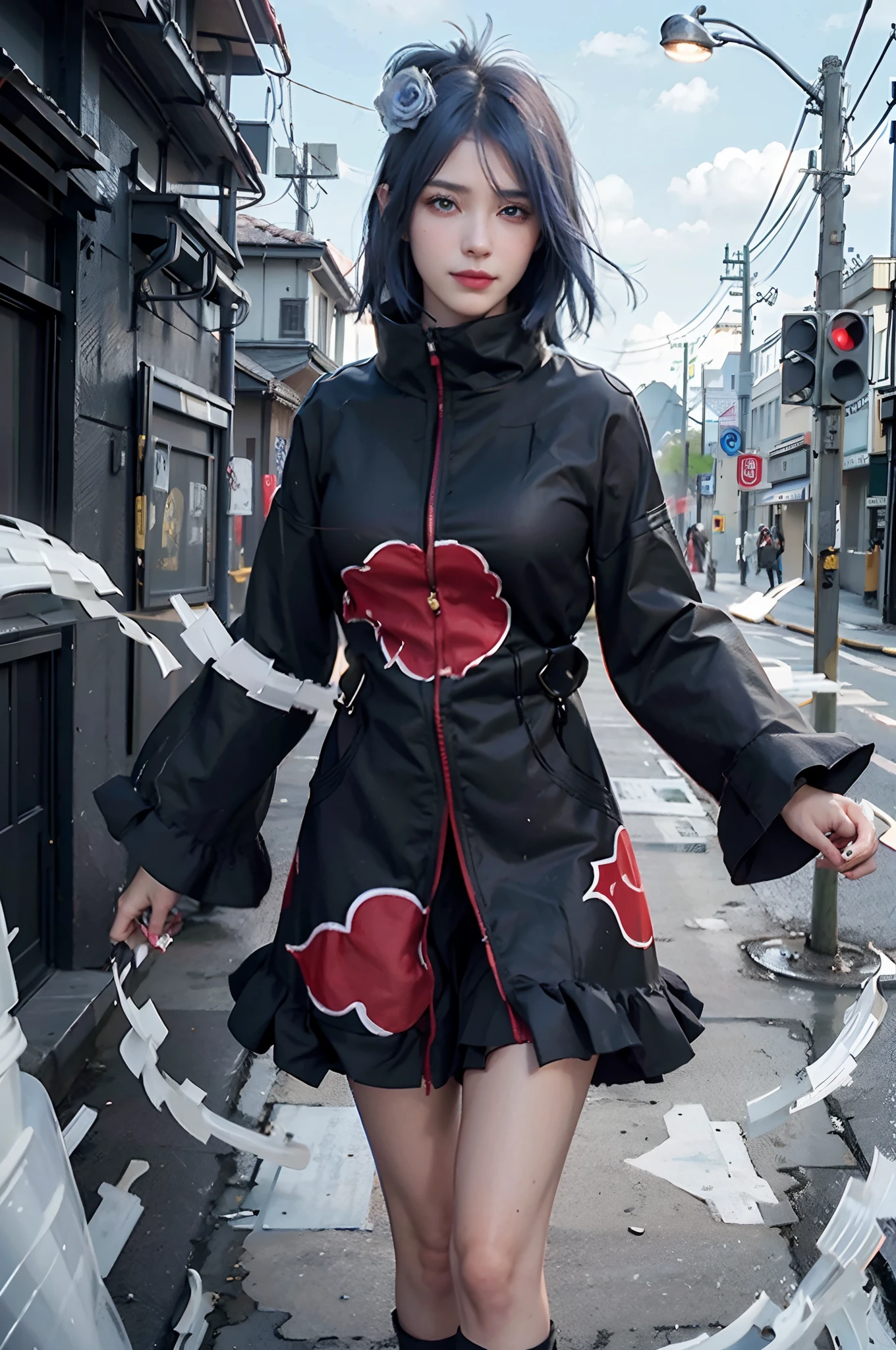 (8k, RAW photo), (best quality), (masterpiece), (realistic,) (photo-realistic),(highres), ultra-detailed, (realism:1.1),beautiful face, (1girl:1.1),woman,(looking at viewer),cowboy shot,japanese, konan \(naruto\), (akatsuki outfit:1.1), labret piercing, blue hair, blue eyes, professional lighting, photon mapping, physically-based rendering, dark theme, smile, big breasts