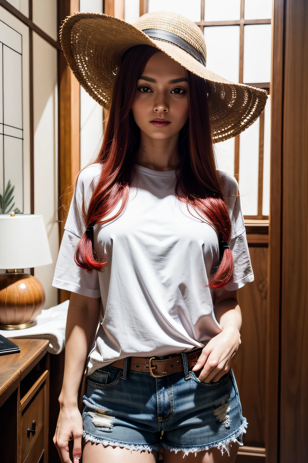 Long Haired Caucasian Woman, Crimson Hair, Masterpiece, Extremely Detailed, Soft Ambient Lighting, Ray Tracing, Ambient Occlusion, Bloom, Delicate Detailed Brush Strokes, Very High Quality, Ultra Detailed, Light Flares In Background, Sahara Desert , craft stalls, large open shirt, T-Shirt, jean shorts, beach hat, 16K quality, high resolution