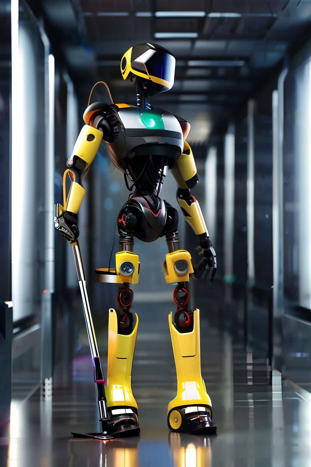 scuffedrobotics. thin, narrow male bright yellow and black robot holding one mop and cleaning in a sci fi, cyberpunk clean corridor