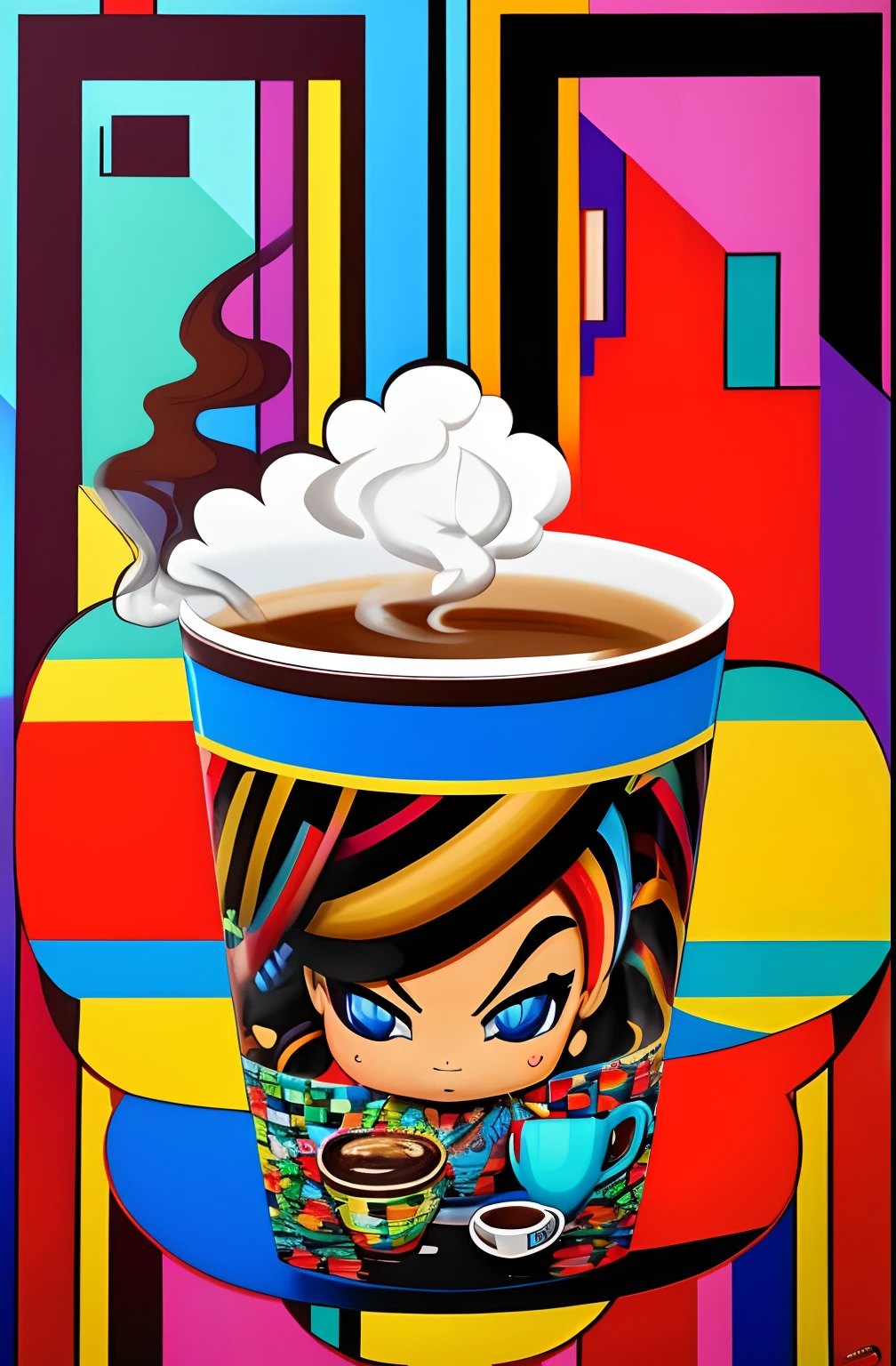 (CUP WITH COFFEE COMING OUT SMOKE WRITTEN WECOOFFE ), Eduardo Kobra ,Romero Brito,The Filling Twins ,multidimensional geometric wall PORTRAIT, arte, Chibi,
Yang08k, lindo, Colouring,
Primary works, qualidade superior, melhor qualidade, Arte Oficial, Beautiful and Aesthetic, 128k