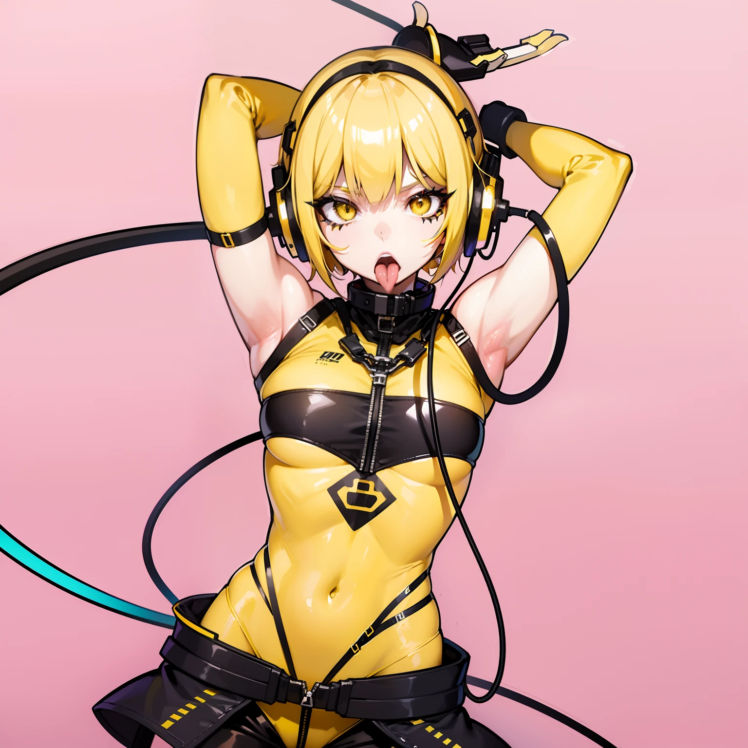 Slender woman in cool beauty style. Female Solo. Her yellow hair is partially accented with black. big headphone. A look of bewilderment.Stretch your tongue.she has short hair. Blunt bangs. Two cords extending from the headphones. Medium bust. Yellow and black . The tattoo. Sharp eyes.