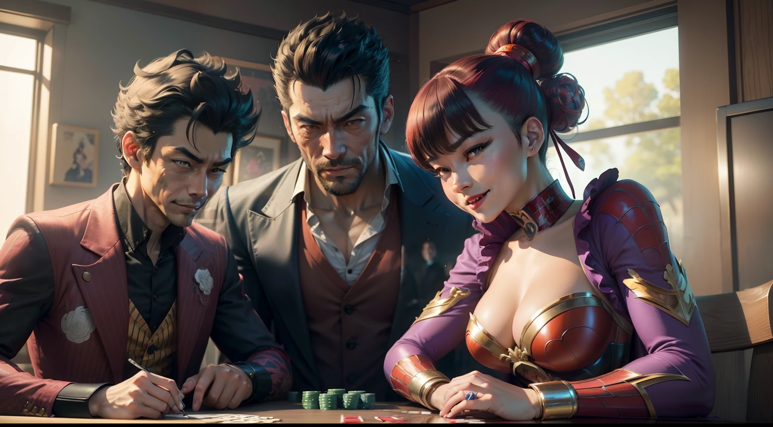 (Digital Painting)、(top-quality)、Men and women playing cards with four people、super hero style、spider-man、dragon balls、Lupin III、The Joker、ChunLi、baccarat、poker、PlayingCards、Ukiyo-e Art Style、Hokusai's inspiration、Popular deviant art、8K Ultra Real、Pastel Color Schemes、Soft lighting、Looks fun、A smile