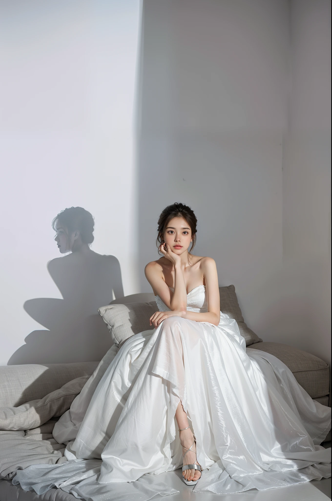 1girll,Sit on a comfortable sofa,Cross ed leg,Soft light