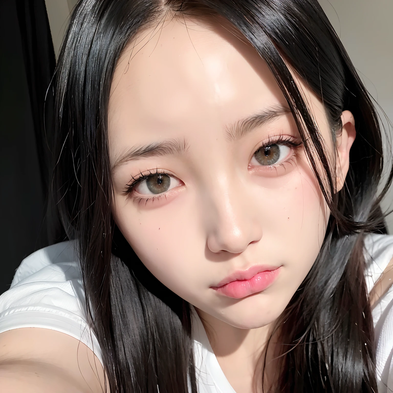 a RAW Photo of girl, (Masterpiece:1.1), Best quality, 超高分辨率, high detal, (Photorealistic:1.4), Sharp, Focus, detail in face, (Eyebrow Piercings:1.1), Detailed eyes, Detailed face, 1girll,Off-shoulder white shirt,Black tight skirt,Black collar,(Faded gray hair:1:1.1),looking at viewert,closeup faces