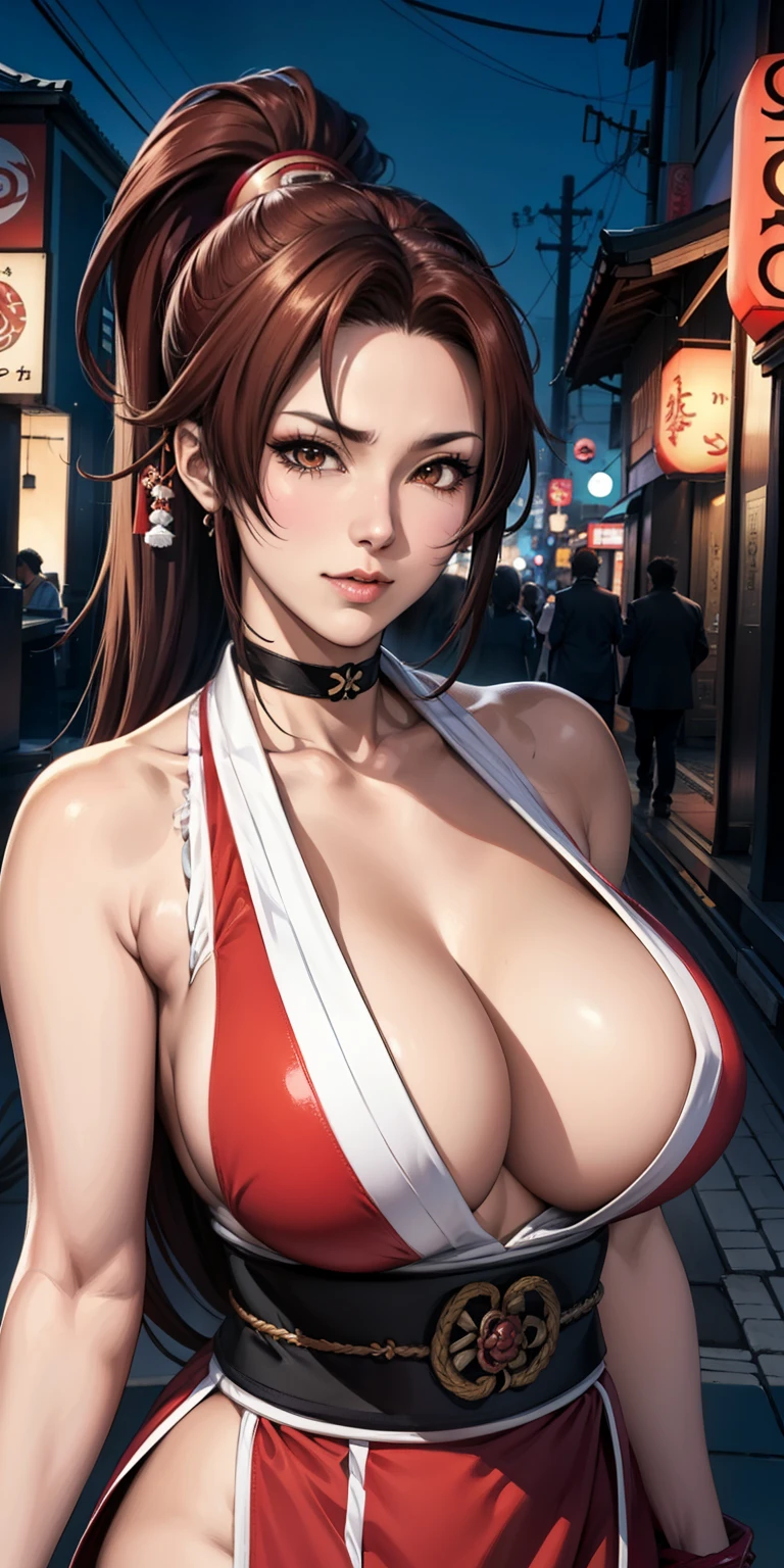 red dress, sleeveless, japanese clothes, ((Mai Shiranui:1.2)), Cyberpunk, bare shoulders, brown hair, brown eyes, long high ponytail, hair tie, makeup, 1 girl, sleeve, 25yo, Japanese mature female, beautiful finger, beautiful long legs, beautiful body, beautiful nose, beautiful character design, perfect eyes, perfect face, jewelry, hands on chest, see-through, looking at viewer, hair ornament, choker, shy, king of fighters,
(masterpiece, top quality, best quality, official art, beautiful and aesthetic: 1.2), (1 girl), extremely detailed, colorful, more detailed,
(large breasts:1.2,) upper body, bottom, cameltoe, white panties, floating skirt,
Cyberpunk Little Tokyo district, bustling with neon signs, night, Japanese Culture, Japanese Art