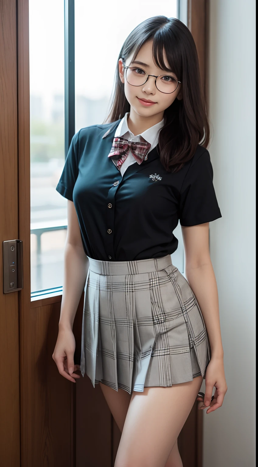 （in 8K、Raw photography、top-quality、​masterpiece：1.2),watching at viewers,Looking at the front,Tie a side ponytail、Hang your hair on your chest.,Bullish,Muchimuchi,Erotic,Pupils,Light Blue Bra,de pele branca,kne,absurderes,a small face,small tits,flat breast,Parting the bangs from the middle、Forehead visible,(a smile,Tight eyes,skinny,Rasping)、​masterpiece,top-quality、超A high resolution,Raw photo,ren,Beautiful fece,One Person, 独奏,eye glass,,Dark look,Small breasts,fullllbody,Round glasses、cute little、Back to Student,JK school uniform,hi-school girl,Korean Idol,is standing,（Photorealsitic：1.37）、Photon mapping,Realistic、Cute little face,Brown-eyed、Black socks、(Red bow tie)、Radio City、Physically Based Rendering、Foreground、depth of fields、Blurry background、a picture,The girls、Body,beauty legs, Long legs, Thin leg,Tie your hair into one strand on your chest,(Bangs are visible), hair, s lips, Blue_The eye, nosesoft,(Light blue shirt), (plaid pleated skirt), Knees are visible,Sheer clothing,, Thigh, Black cotton socks,Nogizaka Idol, 女優, Japanese ido