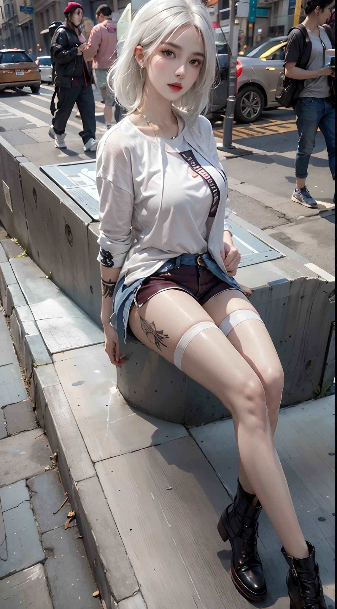 photorealistic, high resolution, 1women, solo, hips up, look at viewer, (detailed face), white hair, street wear, thick thighs, thighhighs, tattoo, jewelry