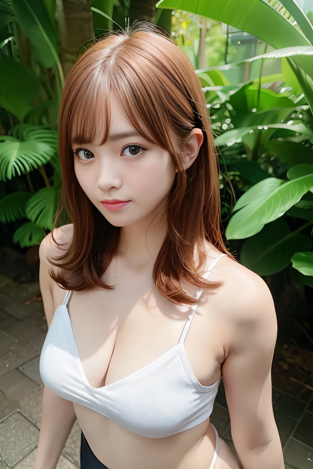 an award winning photograph, Wide angle eco-friendly photo of jungle, Redhead woman with healthy body, closeup cleavage, with dynamism, Photorealistic, Realistic, Dramatic, Dark, Sharp focus, 8K，1girll，20yr old，full bodyesbian（（top-quality，8K，tmasterpiece：1.3）），Sharp focus：1.2，Beautiful Women in Perfect Figure：1.4，Slender abdomen：1.2，（（Layered Hair Style，：1.2）），（no-bra）（Big and beautiful（Thin, wet suspender low cut top length：1.1），Large breasts 1.3，（Rain-soaked suspender low-cut top），sweat shorts，pantyless，（Sateen，distance：1.2），Moist body：1.1，Very delicate face and skin texture，Detailed eyes，二重まぶた， suntanned skin，Raised sexy，marron marron，Real skin，Real eyebrows，Blue eyeballs，perfect proportion of body，facing away from the audience，turning around，Turn around，Twist the crotch，Exercise posture，looking at viewert，Gaze towards the viewer，