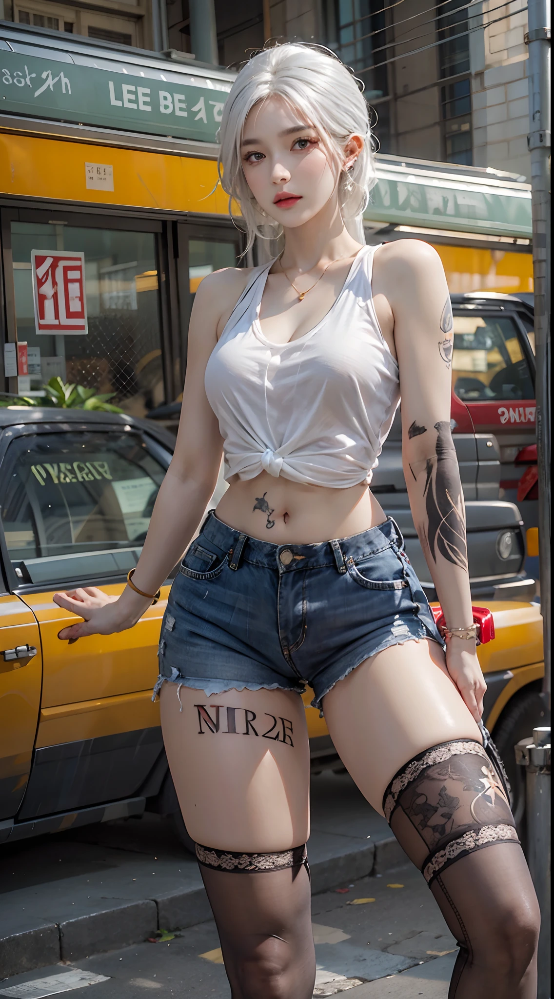 photorealistic, high resolution, 1women, solo, hips up, look at viewer, (detailed face), white hair, street wear, thick thighs, thighhighs, tattoo, jewelry
