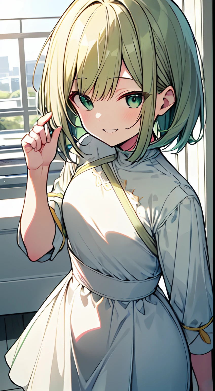 masutepiece, Best Quality,Illustration, Wallpaper, Ultra Detail, absurderes, 1womanl,Solo,Beautiful detailed eyes,
Bangs, Medium Short-Cut Hair, (nffsw)、(((Light clothes in pale yellow-green and white)))、((Full smile))、((Small curvaceous))