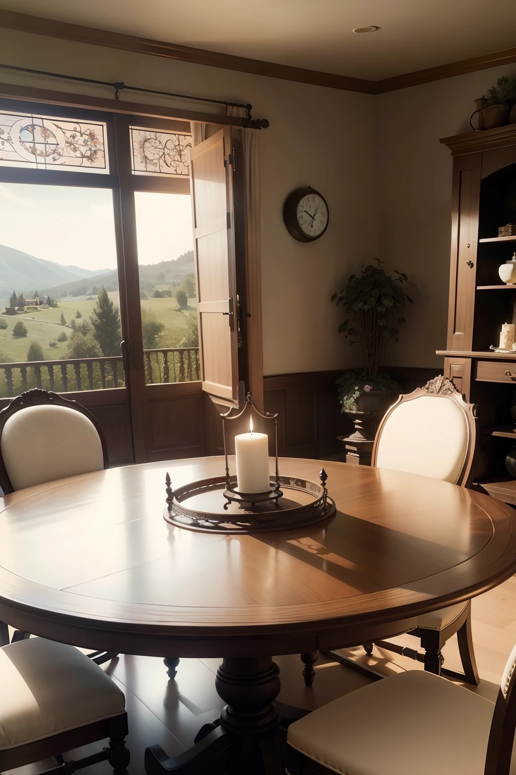Villa gate, round table, White candles, rocking chair, A old man, Surrealism, drop shadow, stereogram, tachi-e, pov, 8k, super detail, ccurate, best quality