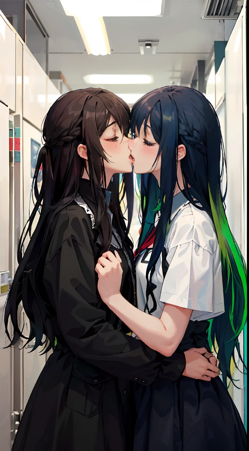 (2girls kissing) (first girl is tall has long black hair with blue hair locks in her hair multicolored hair) (second girl is short has long brown hair) (lesbians, lesbian kiss, deep kiss, closed eyes)