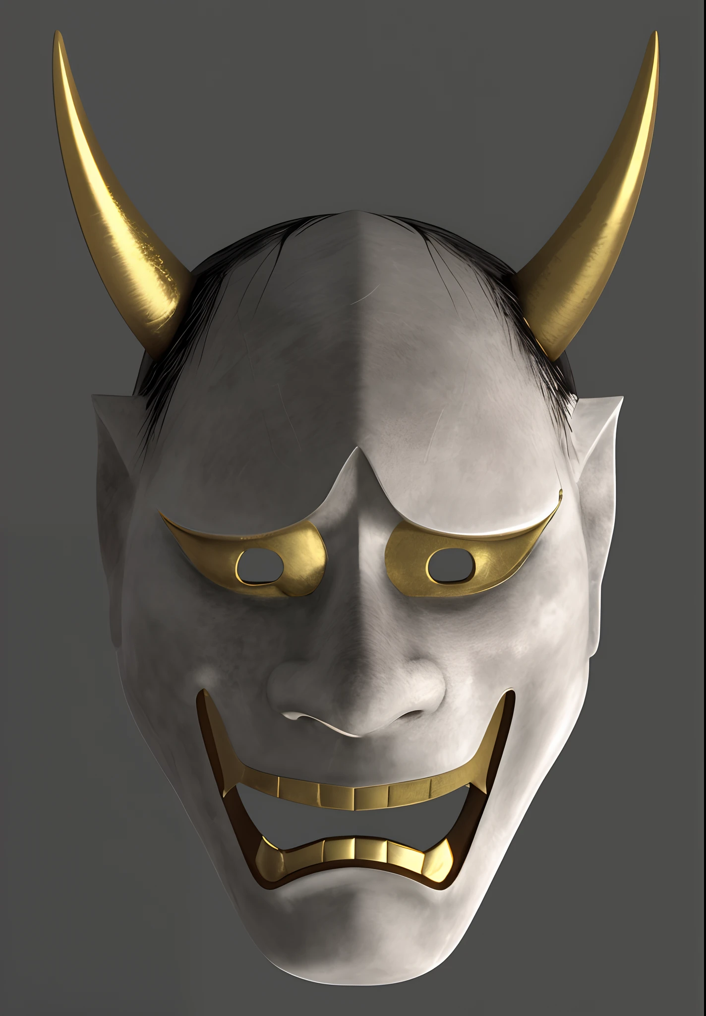 Glossy surface with no stains like pottery，Glows like pottery，Smooth surface shining white，The whole glows white like pottery，Close up of mask with horns and gold teeth, 3d model of a japanese mascot, Samurai Mask, inspired by Kaigetsudō Anchi, PBR rendering, oni horns, kabuki mask, rendered in maya, tengu mask, extra detailed face