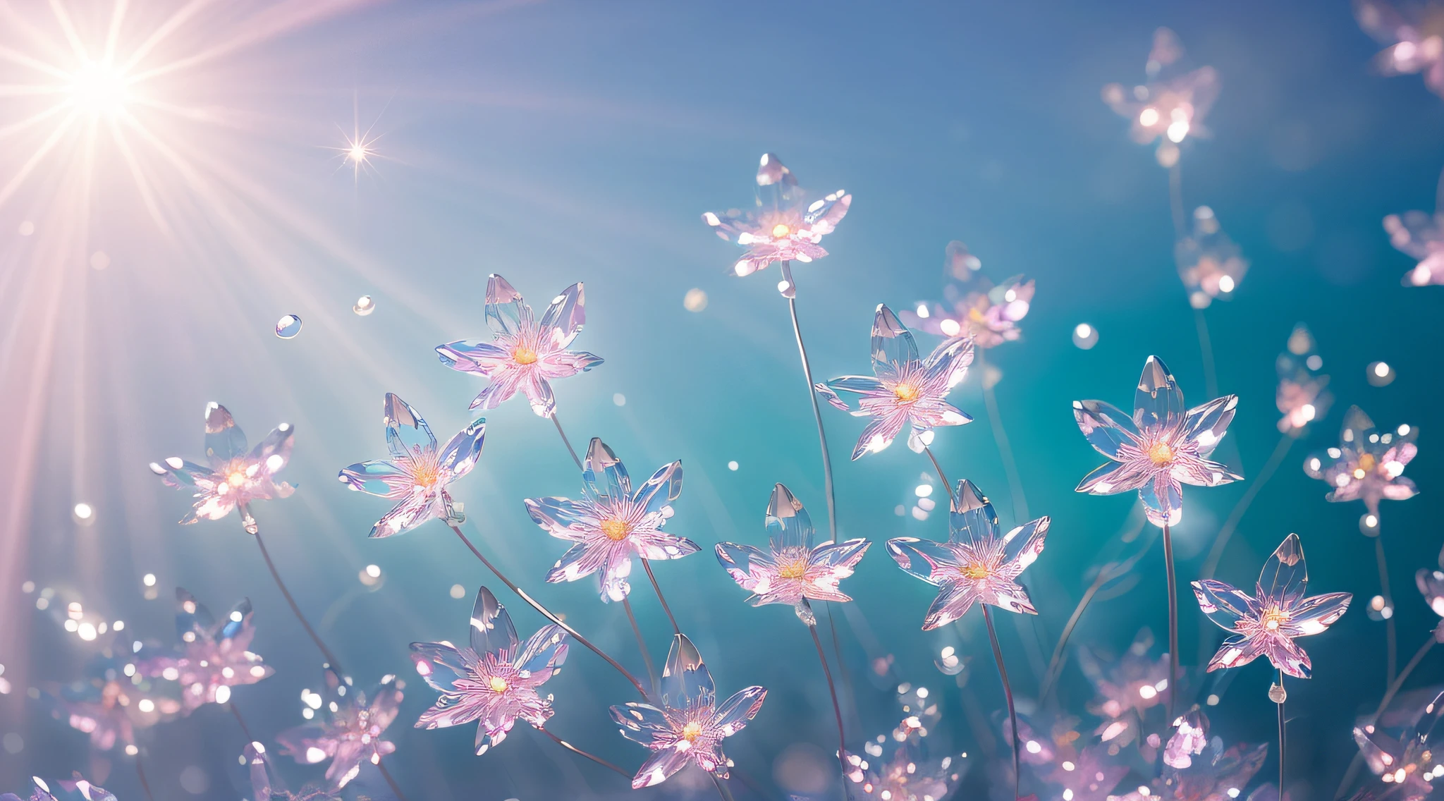 Crystal spring flower,Pink-white gradient,waterdrops,fantastical, galaxies, Transparent,, Pink-white gradient,waterdrops,Light blue leaves,sparkle, sparkle, brilliance, Water,colourfull,, Magical photo of sky-blue leaves, dramatic lighting, photo realism, The ultra-detailliert, 4k, DepthOfField, High resolution