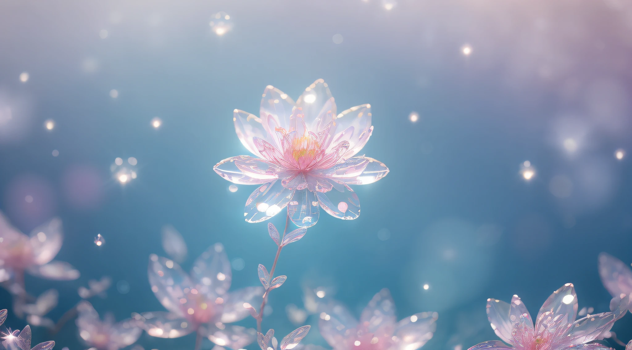 Crystal spring flower，Pink-white gradient，waterdrops，fantastical, galaxies, Transparent,, Pink-white gradient，waterdrops，Light blue leaves，sparkle, sparkle, brilliance, Water，colourfull，, Magical photo of sky-blue leaves, dramatic  lighting, photo realism, The ultra-detailliert, 4k, DepthOfField, High resolution