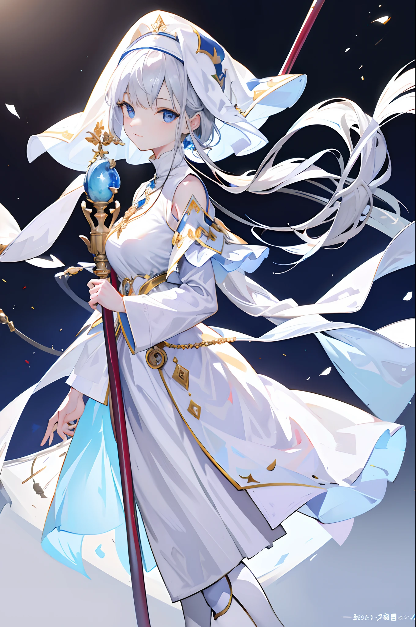 Works of masters,8K分辨率,depth of fields,Faraway view,Full body shot,Full Body Photo,(exquisite facial features),s the perfect face,Glowing skin,Kizi,age 22,Golden blue eyes,Hair over the shoulder,sliver long hair,huge tit,d cup,Pure white bandana,Pure white nun costume,Sapphire necklace,white long boots,Long staff in hand,chies,pray,A reverent expression