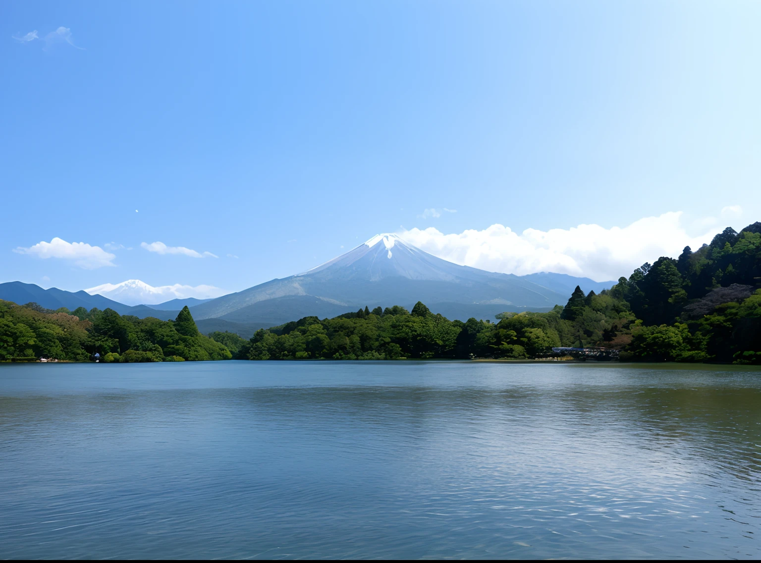 There is a large body of water with mountains in the background, lake kawaguchi, japan mountains, Beautiful lake in the foreground, mountain fuji on the background, mountain fuji on the background, taken with sigma 2 0 mm f 1. 4, a photo of a lake on a sunny day, beautiful iwakura, mont. Fuji,illustratio