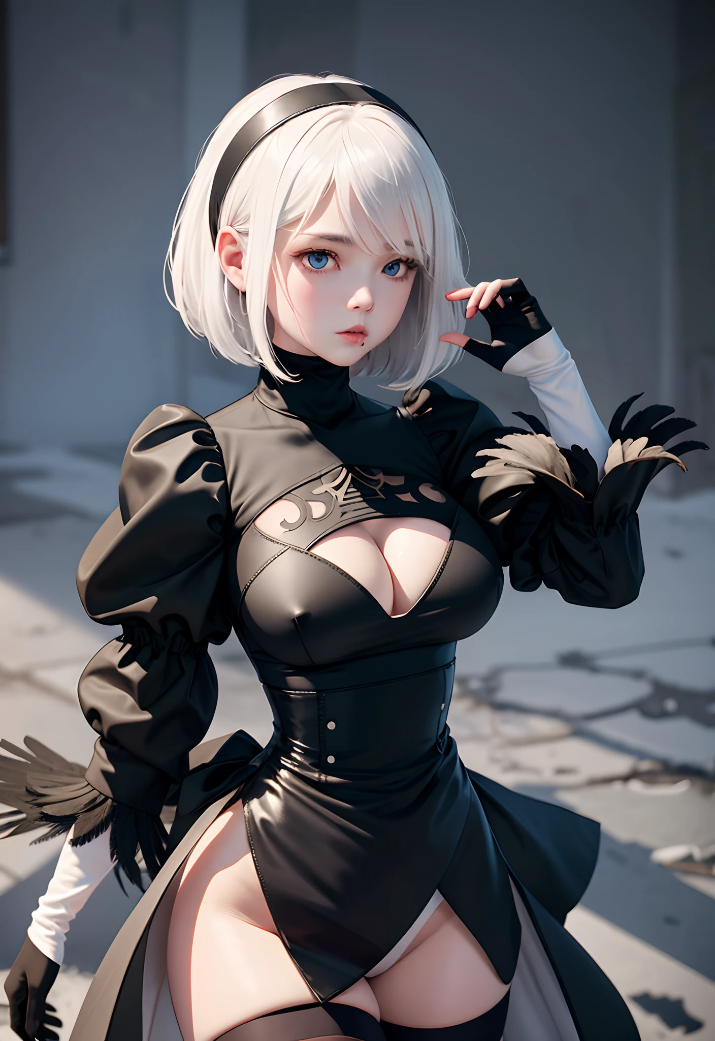 mastepiece,(ultra-detailed),best quality,1girl,(expressionless),huge breasts,sagging breasts,(shiny skin),various pose,ruins,
1girl, yorha no. 2 type b, solo, white hair, puffy sleeves, short hair, ((mole under mouth)), long sleeves, juliet sleeves, cleavage cutout, black hairband, parted lips, black thighhighs, black gloves, cleavage, turtleneck, bangs, feather trim, feather-trimmed sleeves, blue eyes, black skirt,