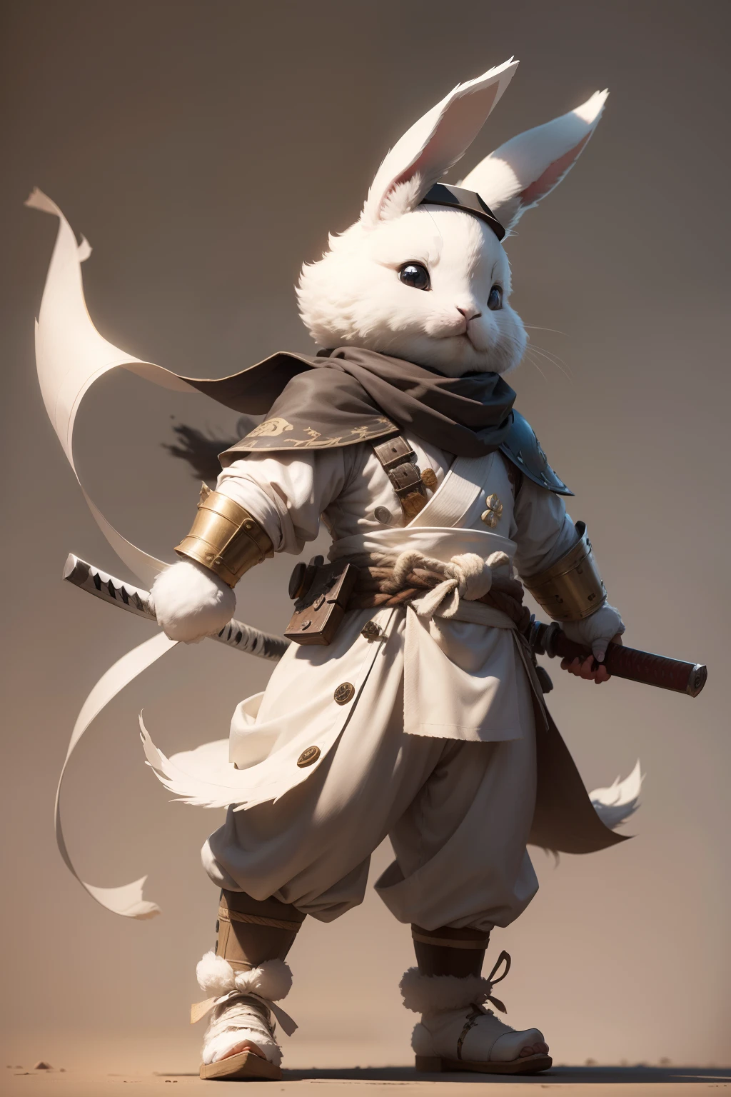 a full body shot, long shot of a cute fluffy white humanoid rabbit bandit with bandana head band, old parchment paper character sheet 24k resolution highly detailed photorealistic, realistic sketch, Rough sketch, mix of bold dark lines and loose lines, bold lines, humanoid, centered, focus on character, large samurai sword, and machine guns and fluffy bunny feet, ruff battle worn visage dusty cute.