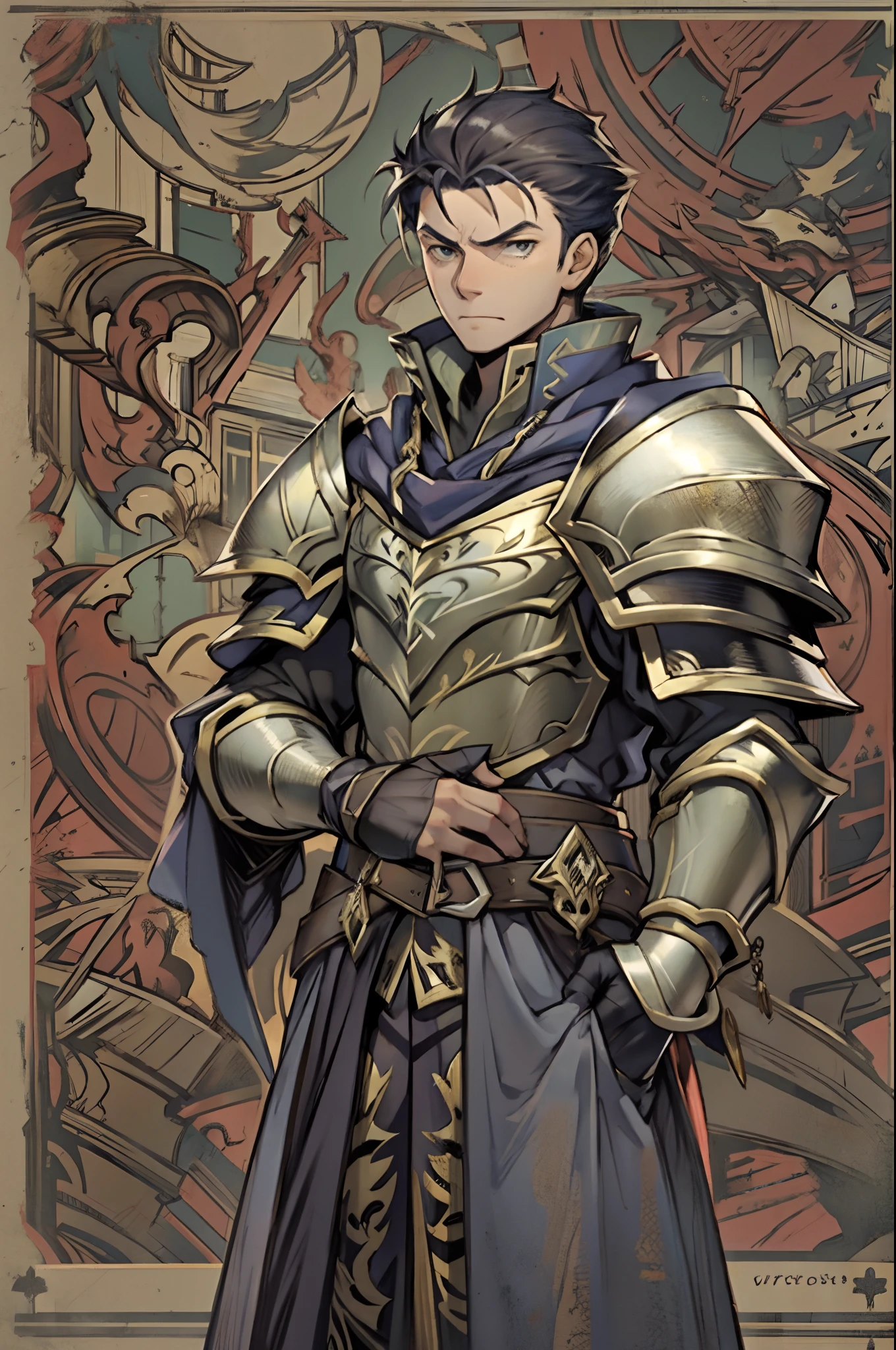 Hector Fey， Solo， looking at viewert， irate，disgust， mitts， 1boy， Male focus， Cloak， Armour， Shoulder armor， From below