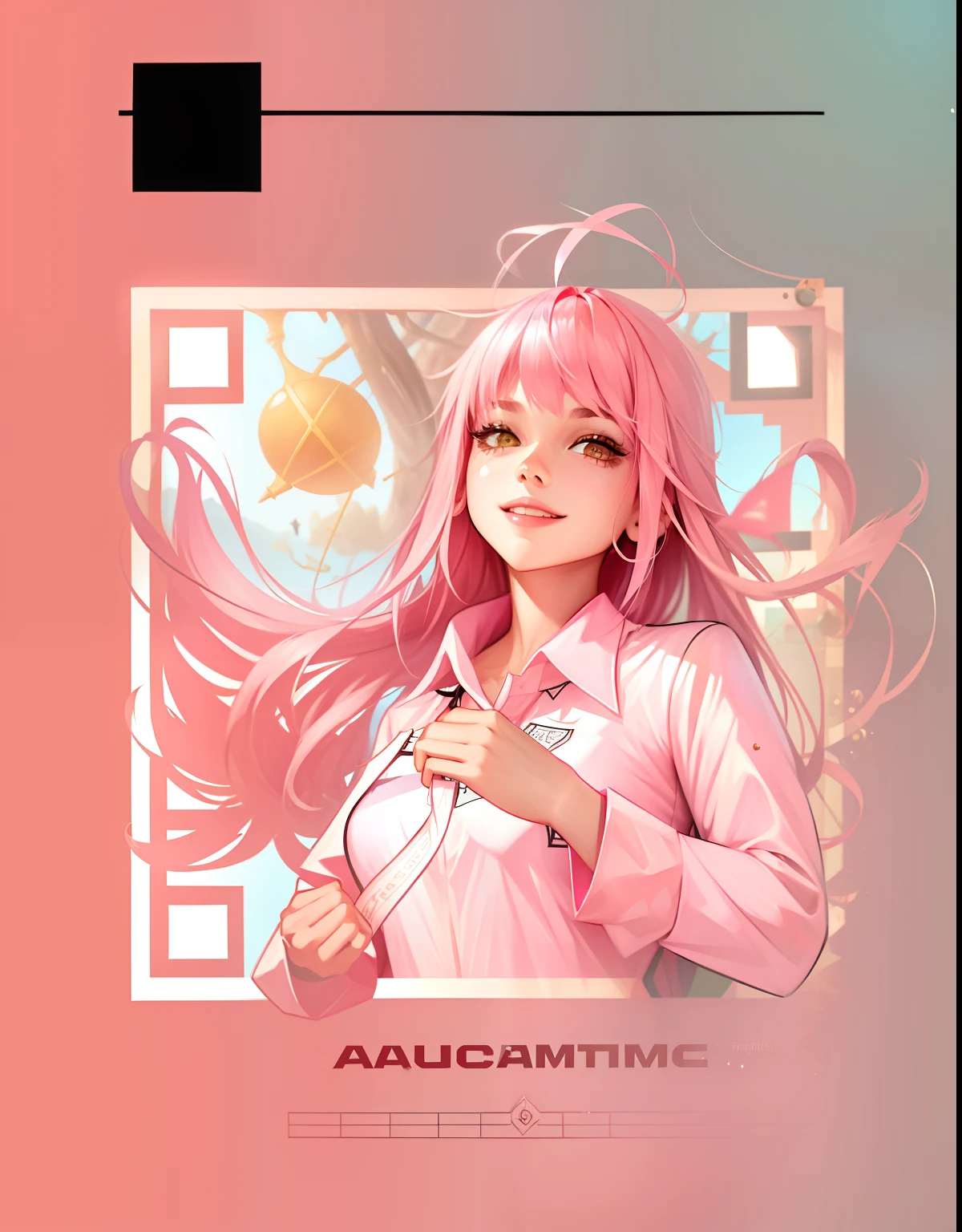 quadratic element，a beauty girl，Smiling in pink clothes