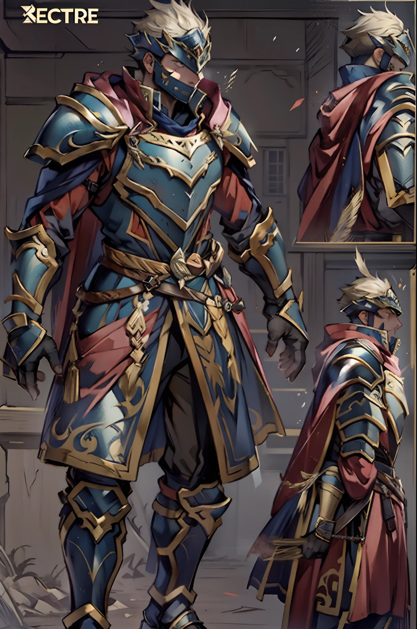 Hector Fey， Solo， looking at viewert， irate，disgust， mitts， 1boy， Male focus， Cloak， Armour， Shoulder armor， From below