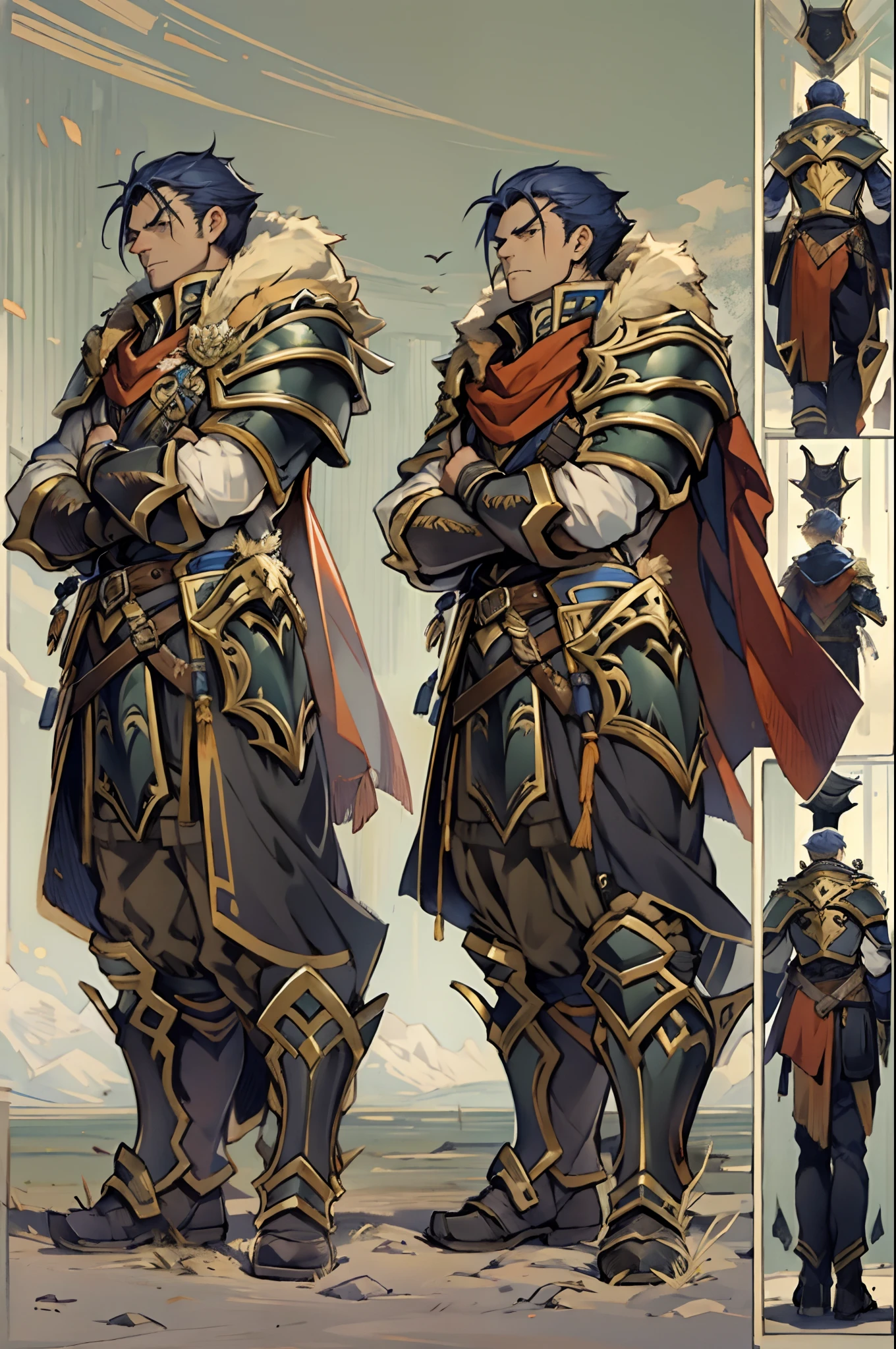 Hector Fey， Solo， looking at viewert， irate，disgust， mitts， 1boy， Male focus， Cloak， Armour， Shoulder armor， From below