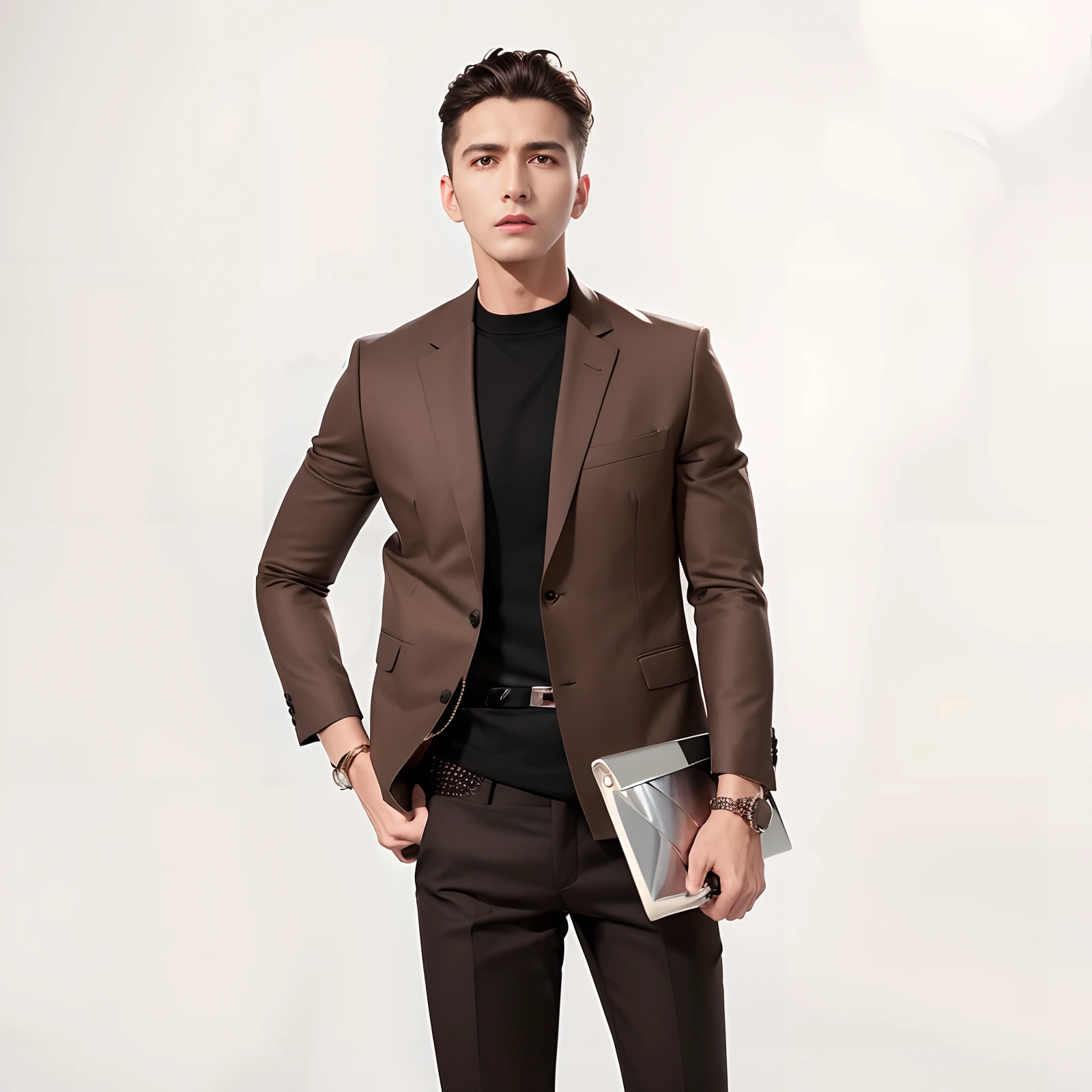 arafed man in a brown jacket and black shirt holding a silver purse, wearing a worn out brown suit, brown jacket, modern casual clothing, high quality suit, casual modern clothing, wearing fashion suit, brown jacket with long sleeves, wearing a blazer, formal business suit, cai xukun, wearing causal black suits, luxurious suit, wearing business suit