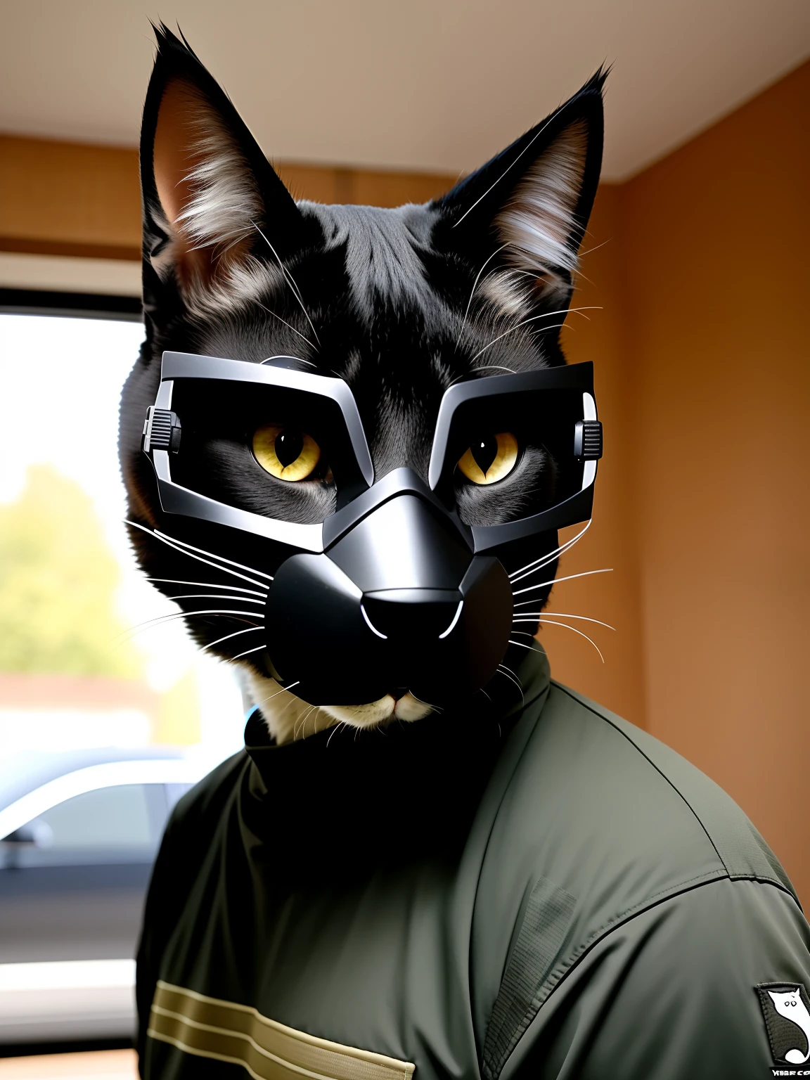 The cat wears a tactical mask
