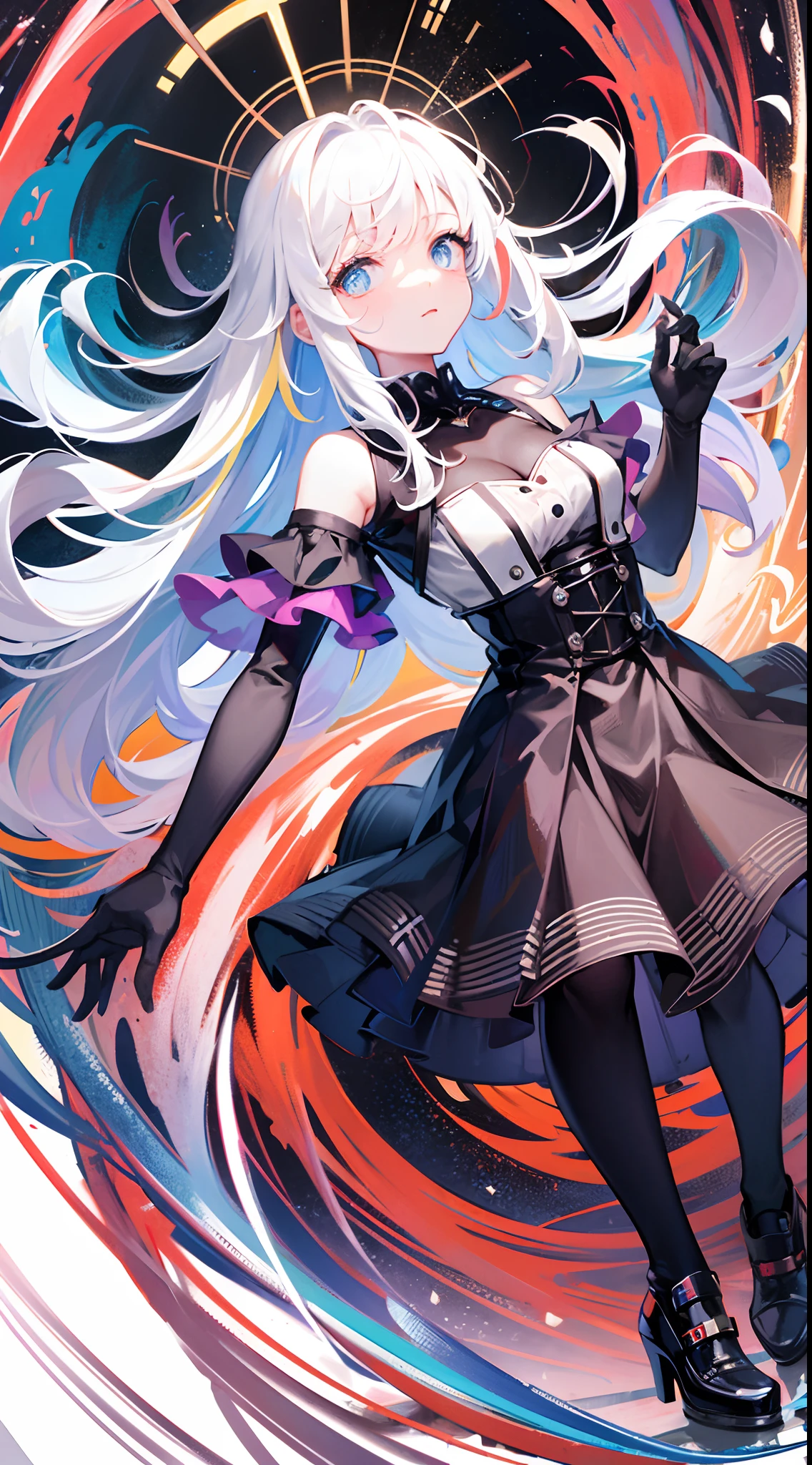 [(white background:1.5)::5], (imid shot:0.95), (full body:1.25), Dynamic angle, [Bottle bottom],(fisheye:1.4), (falt color:1.3),colorful,(masterpiece:1,2), best quality,extremely detailed cg 8k wallpaper,best quality, masterpiece, highres, original, extremely detailed wallpaper
,girl,upper body,(depth of field),(looking away), delicate eyes,(colorful hair),sea,dynamic_angle,
floating colorful wind,floating colorful fire，（black pantyhose），（white hair）