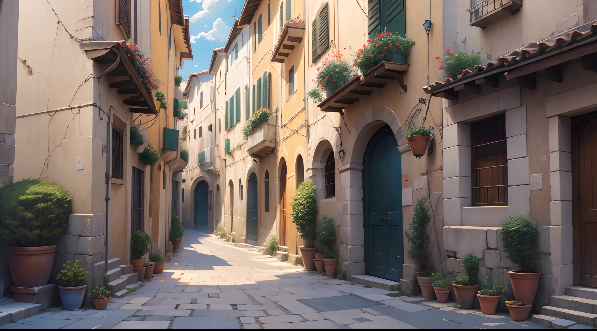 There is a drawing of a narrow street with a bridge, Streets of Italy、Anime Background Art, spanish ghibli alleyway, Anime scenery, Streets of the ancient city,  beautiful anime scene, Beautiful anime scenery,, shady alleys, narrow and winding cozy streets, painted in anime painter studio, beautiful digital painting