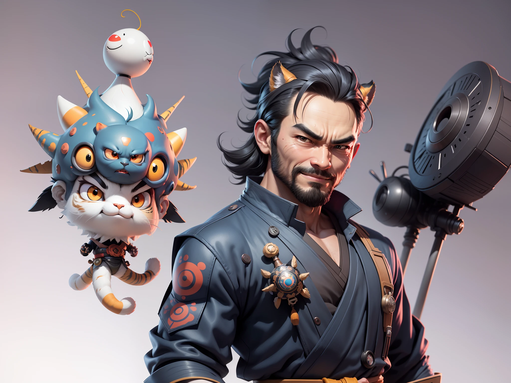 (Daisaku),(Need),(Super meticulous),(full bodyesbian:1.2),Super young man with Japanese geisha，Beautiful，orient，one tiger，Aeolian Thor，Raised sexy，爆乳，Oriental face，TV Anchor，Bust portrait illustration，In black suit，a blue tie，The face is slightly chubby，The face was clean，without a beard，Black super short hair，Black eyes，Smile confidently，3C computer sub-products，iPad， iphone，Digital painting，3D character design by Mark Clairen and Pixar and Hayao Miyazaki and Akira Toriyama，The illustration is a high-definition illustration in 4K resolution，With very detailed facial features and cartoon-style visuals。