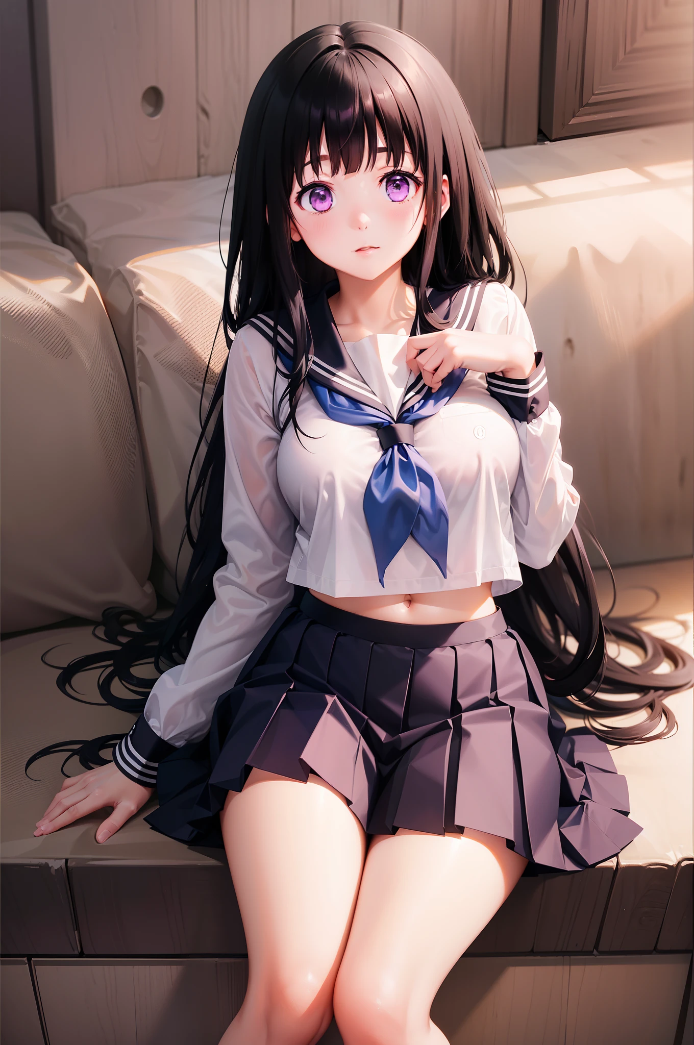 1girl, chitanda eru, long hair, black hair, school uniform, purple eyes, white shirt, white socks, pleated skirt, bangs, black sailor collar, neckerchief, black skirt, long sleeves, (shirt lift:1.2), navel, bra,