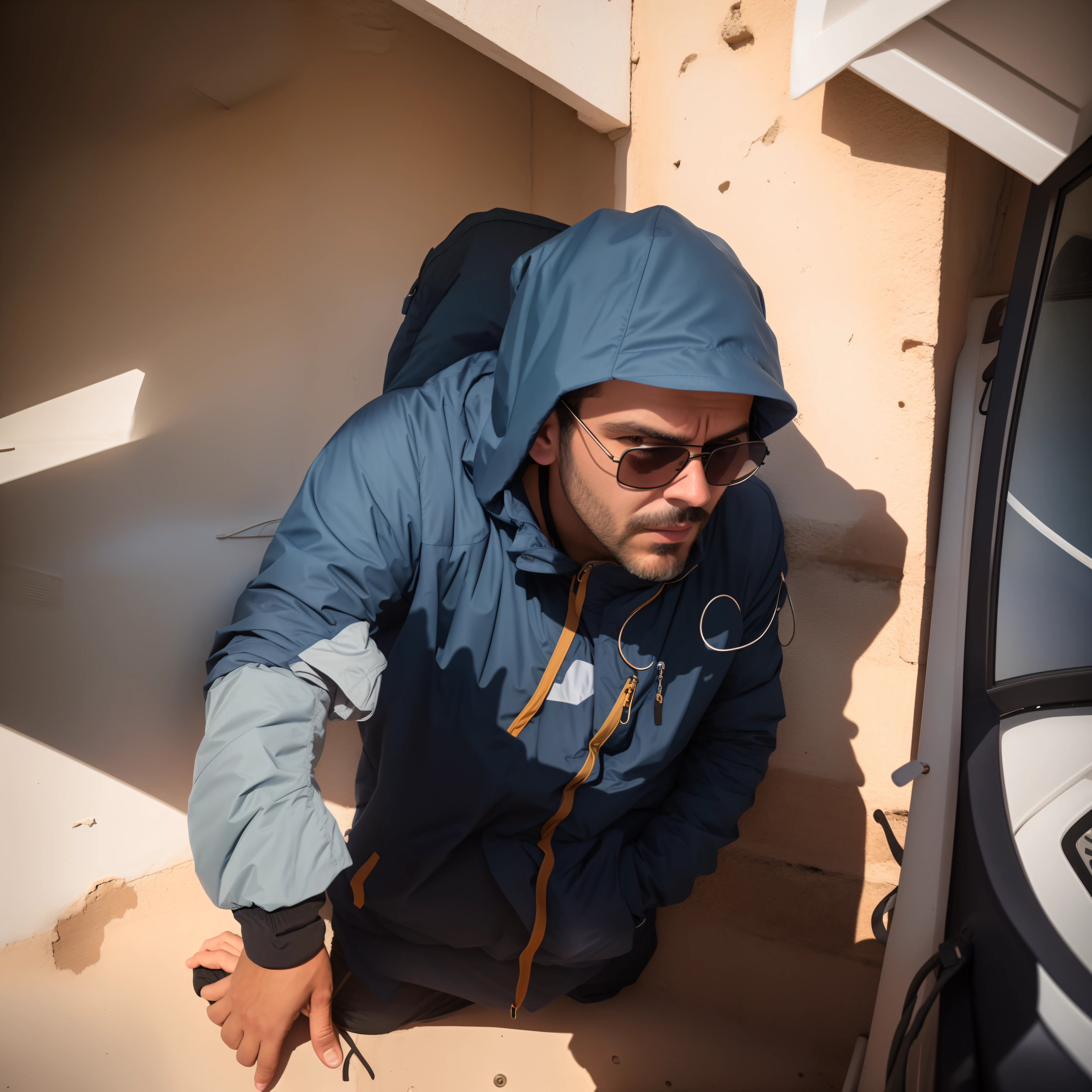 There's a man in a blue jacket and sunglasses leaning against a wall, usando roupas sujas de viagem, Directed by: Thomas Häfner, Directed by: Matthias Weischer, taken with sony a7r camera, Directed by: Jens Søndergaard, corpo inteiro desgastado capa danificada, real life photo of a syrian man, Nos bastidores, foto retrato, Foto POV