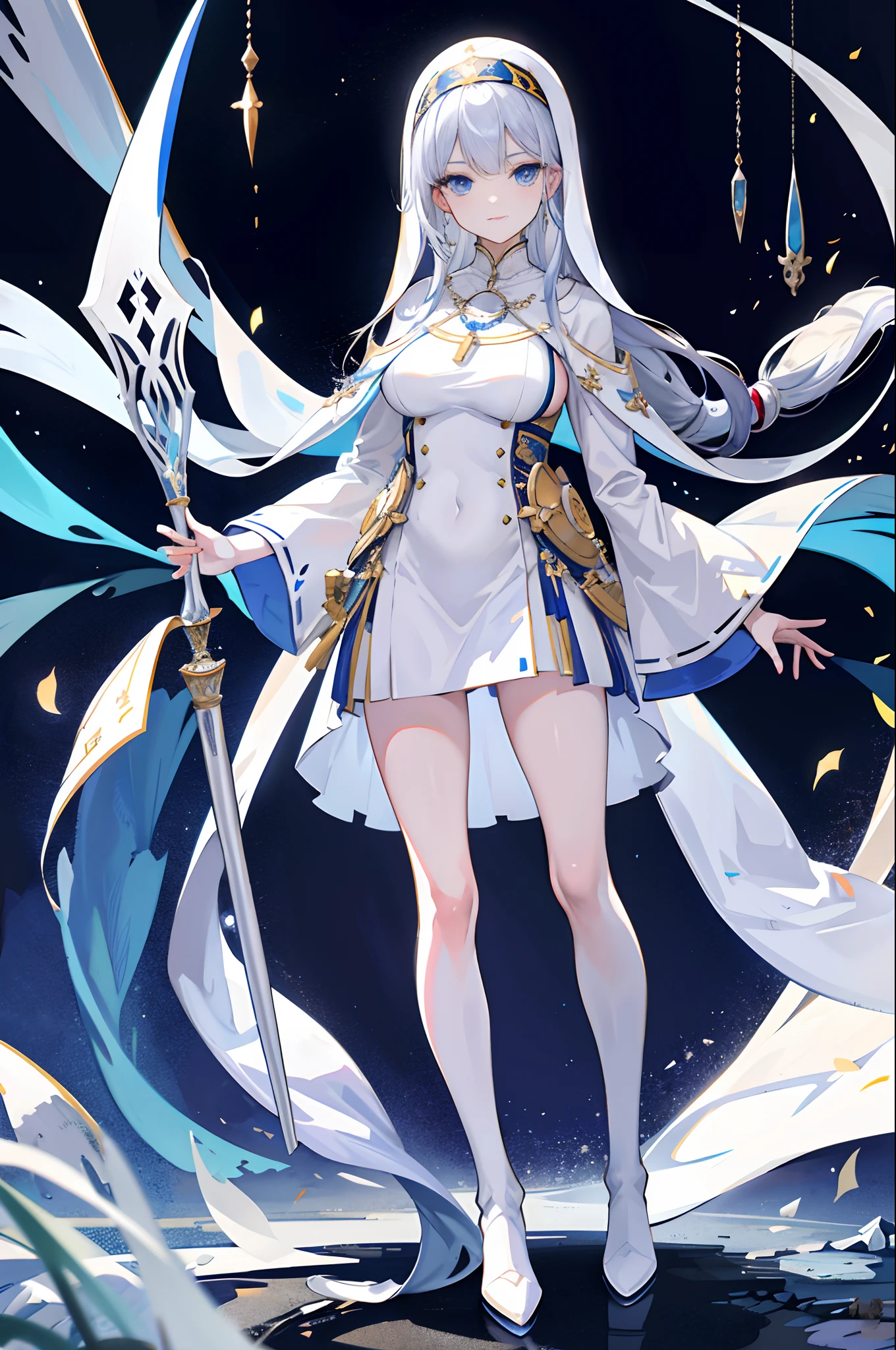 Works of masters,8K分辨率,depth of fields,Faraway view,Full body shot,Full Body Photo,(exquisite facial features),s the perfect face,Glowing skin,Kizi,age 22,Golden blue eyes,Hair over the shoulder,sliver long hair,huge tit,d cup,Pure white bandana,Pure white nun costume,Sapphire necklace,white long boots,Long staff in hand,chies,pray,A reverent expression