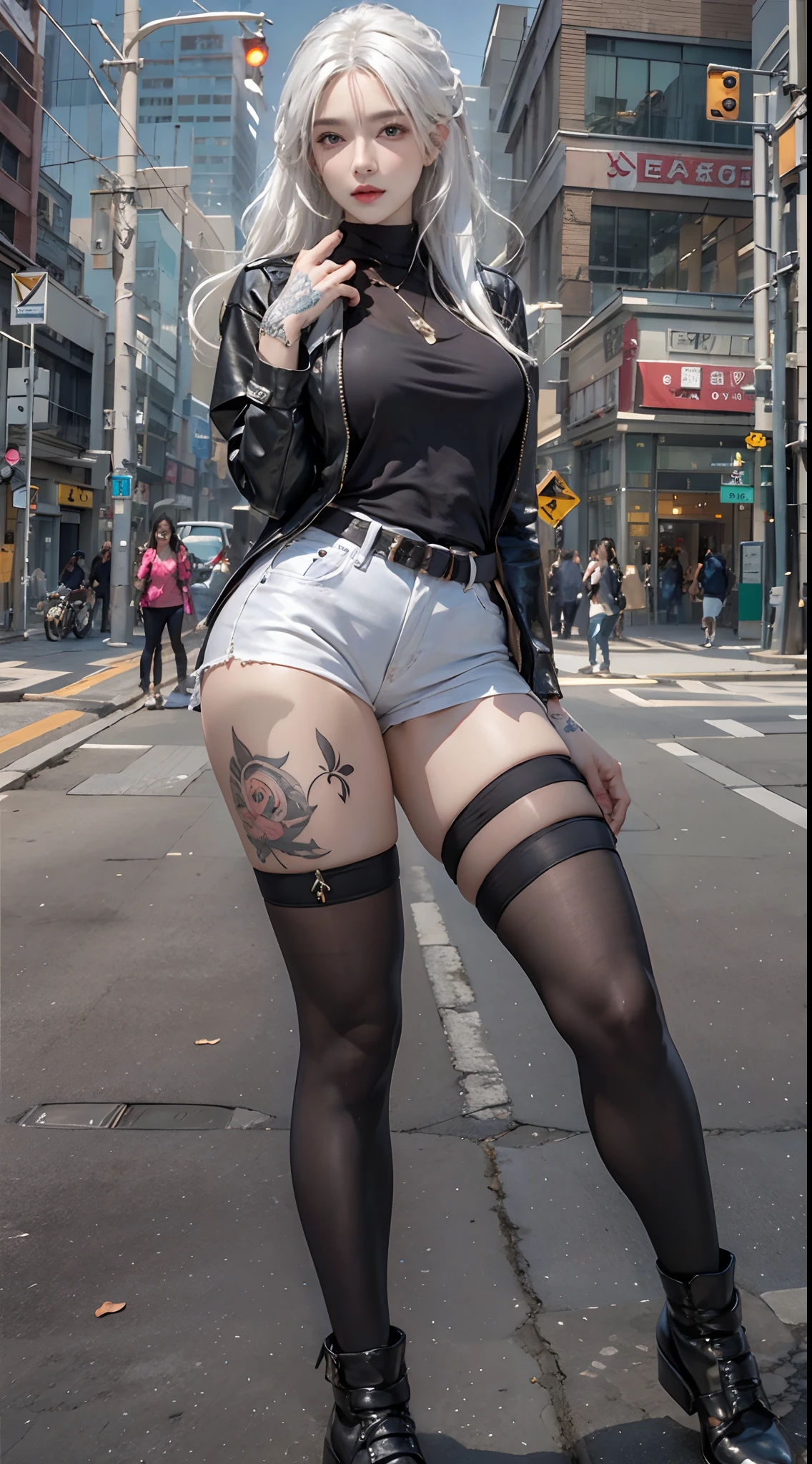 photorealistic, high resolution, 1women, solo, hips up, look at viewer, (detailed face), white hair, long hair, street wear, thick thighs, thighhighs, tattoo, jewelry