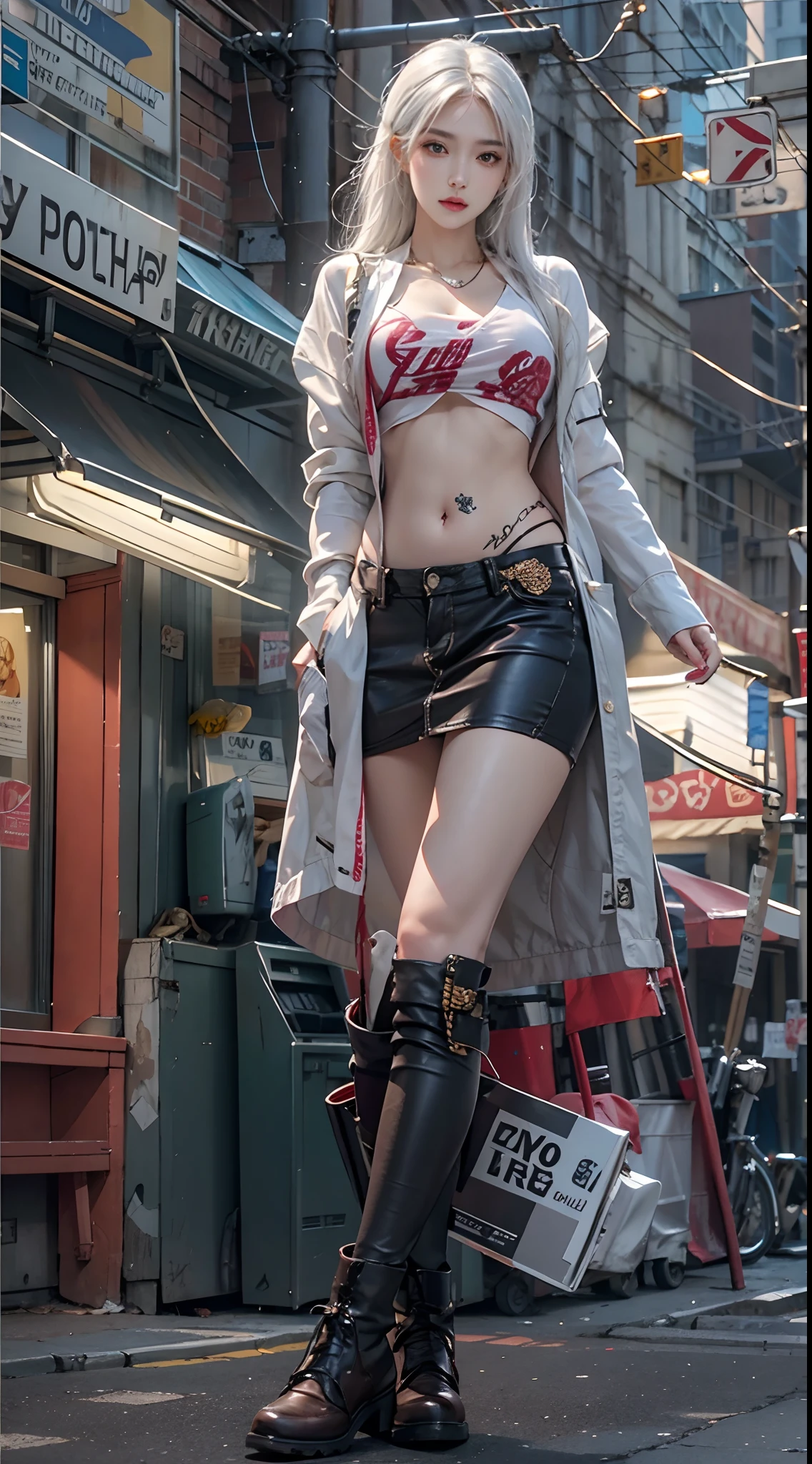 photorealistic, high resolution, 1women, solo, hips up, look at viewer, (detailed face), white hair, long hair, street wear, thick thighs, thighhighs, tattoo, jewelry
