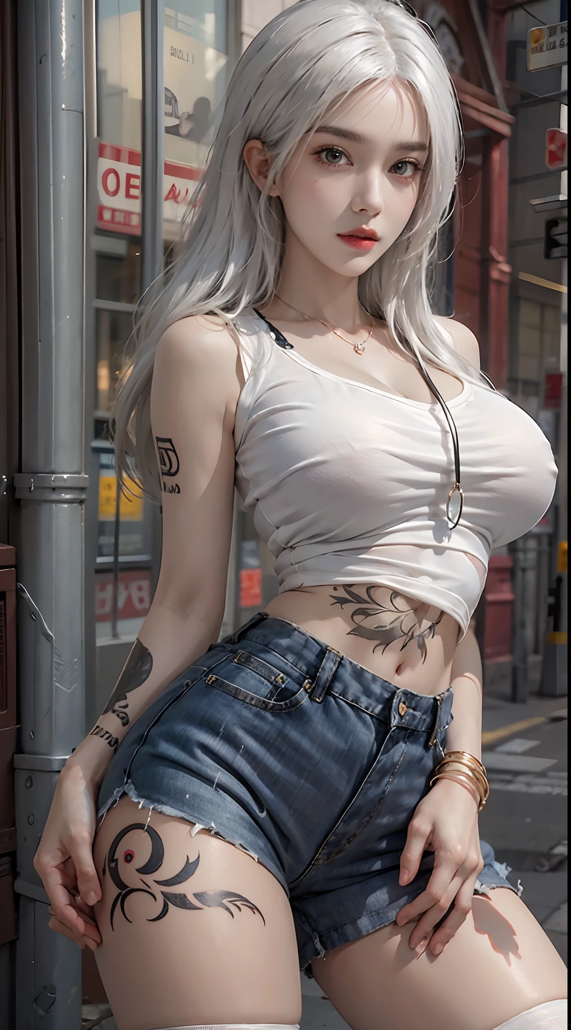 photorealistic, high resolution, 1women, solo, hips up, look at viewer, (detailed face), white hair, long hair, street wear, thick thighs, thighhighs, tattoo, jewelry