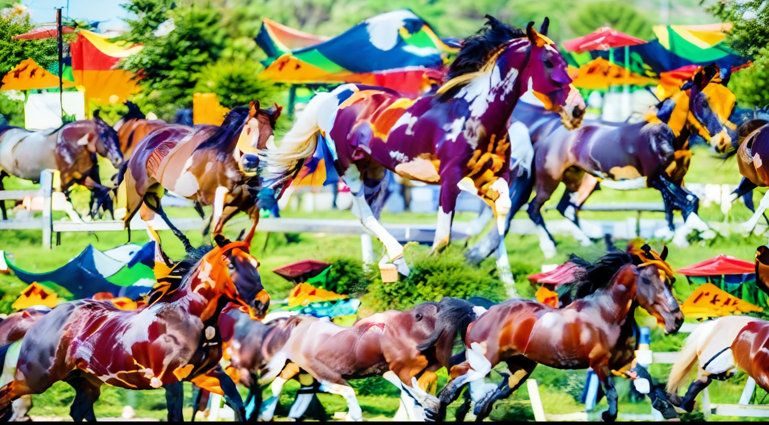 8 horses,1#cavalos,2#cavalos,3#cavalos,4#cavalos,5#cavalos,6#cavalos,7#cavalos,8#cavalos。The eight horses in the herd are clustered together and gallop across the grassland like clocks。Light-cast war horses from the High Heavens and nightmares from hell become the upper and lower ends of the main tone of the picture,Make the sky of the steppe brighter,The earth is deeper。The wind wings of the wind elf horse let its position be erratic,The mechanical horse is full of mecha beauty。Unicorns show their beauty in a rainbow neon light,On the side is the fairy dragon horse competing with it。The female knight is charging on her knightly warhorse,There is no doubt that she is the protagonist of this picture。There is also a horse from unknown territory mixed in,It has a weird style and chaotic colors that are almost unimaginable。Use the Latent couple plugin to make all eight horses have independent images,Some positions use stacking and nesting and perspective composition,Make the most of canvas space。With Midjourney's advanced brush tools and palettes and strokes, experiment with different models and materials to create a surreal look for your scene,Add complex textures and light and shadow effects to all your horses' looks,Add realism as well as a surreal atmosphere,Emphasis is placed on the strength and speed of the horse,The chaotic and layered nine-square grid gives the picture a contradictory and harmonious unified style。Use Midjourney's powerful tools,You can bring this magnificent and futuristic scene to life with incredible detail and beauty。 Large wide angle,Ultra-grand scenes,super wide shot, hdr,(真实感,Masterpiece quality,best qualtiy),