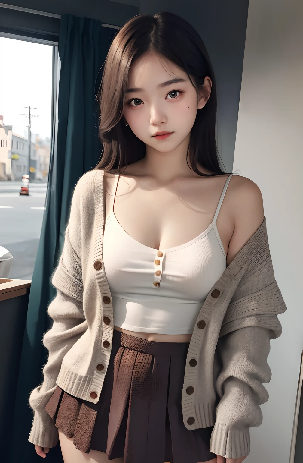 1girl, cute, , sexual expression, look at viewer, spaghetti strap top, high waist short skirt, photo, realistic, best quality, hires, detailed face, detailed background, diffused lighting, depth of field, bokeh, cardigan