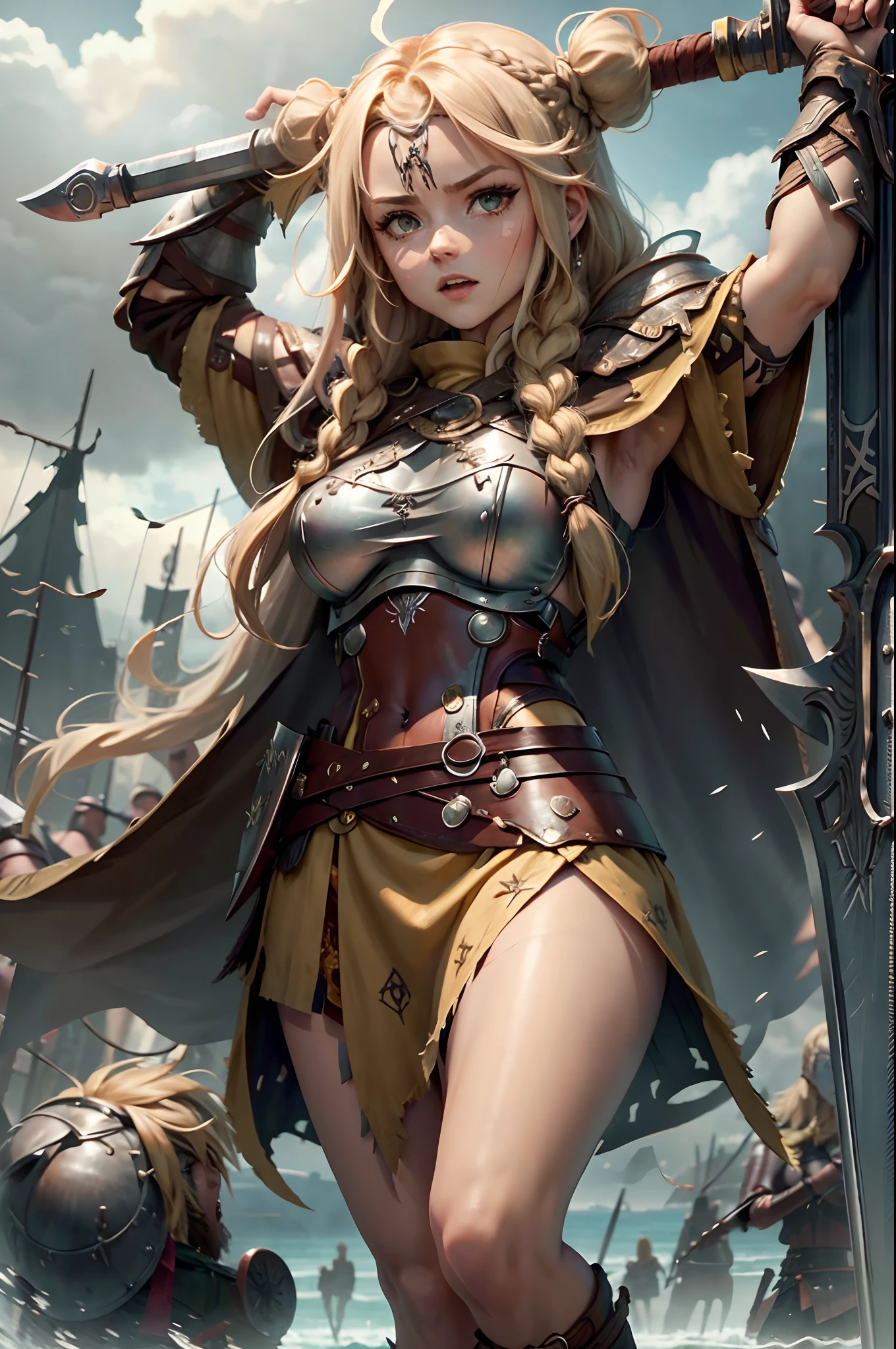 1girl, long_hair, blonde_hair, brown_hair, green_eyes, open_mouth, sword, shield, sky, highres, vikingpunkai, standing, jewelry, dress, gloves, boots, braid, hair_ornament, leather_tunic, armor, cloak, brooch, Viking_ship, ocean, rocky_shoreline, setting_sun, war_cry