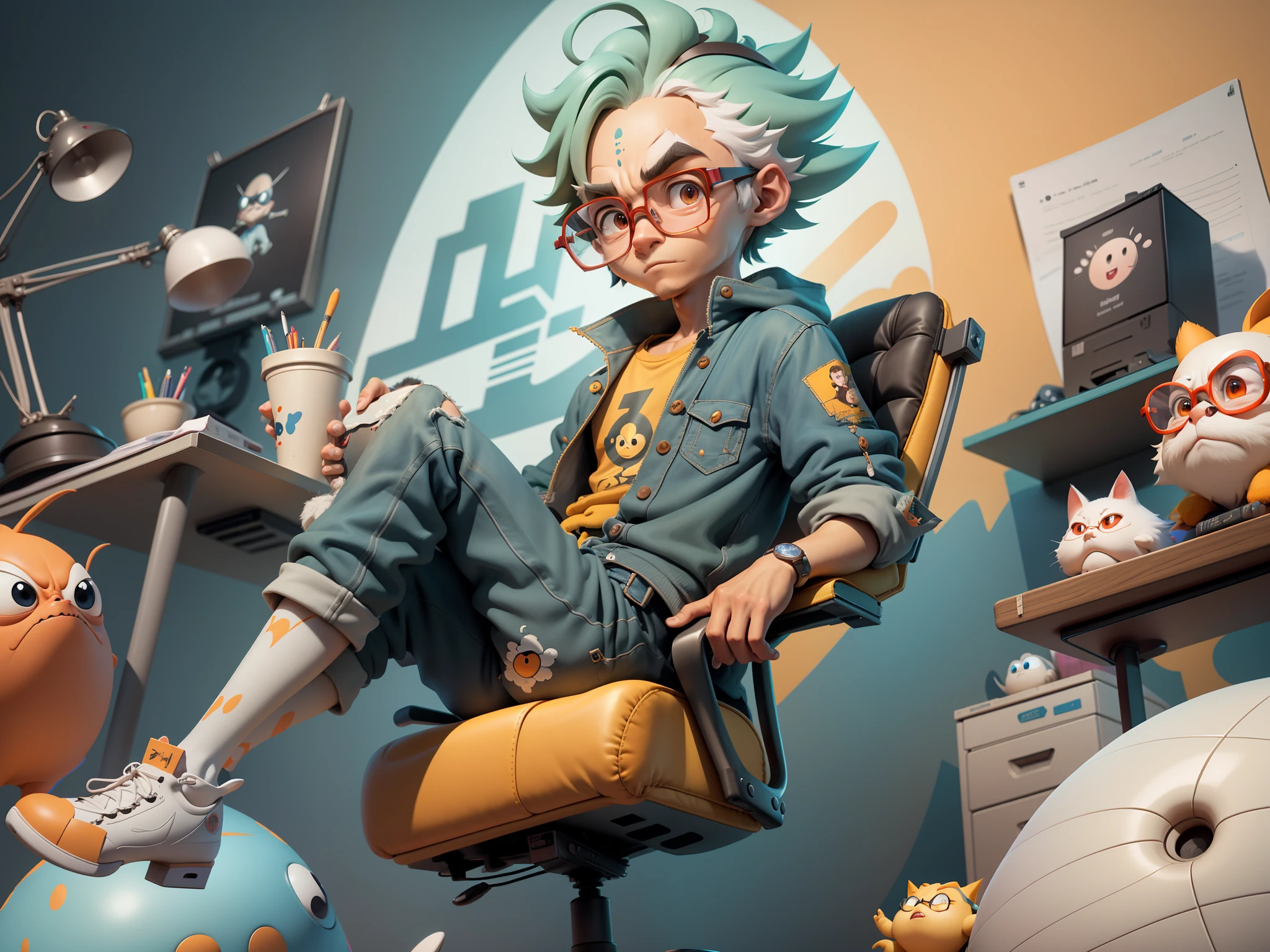 A young man with glasses sits at his desk，holding laptop，digitial painting，3D character design by Mark Clairen and Pixar and Hayao Miyazaki and Akira Toriyama，4K HD illustration，Very detailed facial features and cartoon-style visuals。