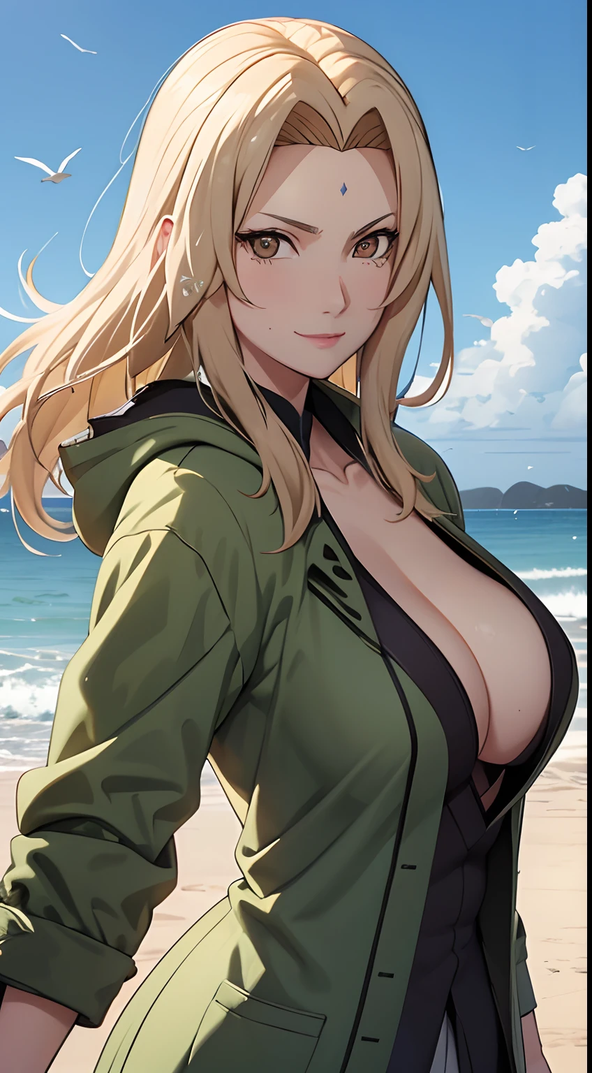 （tmasterpiece：1.3），blond hairbl，Green coat，Golden eyes，ssmile，slightly fat big breasts，Be red in the face，best qualtiy，The is very detailed，Bust photo，Get close to the lens，sfv，Delicate and beautiful face，sea beach，rays of sunshine，baiyun，Flying birds