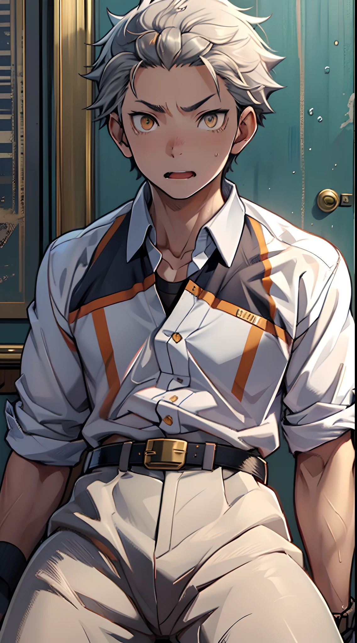 （1 Adult male），A high resolution， Sharp focus， Pixiv masterpiece， （（Complicated details））， highly  detailed， natsuki_subaru， 1 man， with her mouth open，drools，full bodyesbian， Golden eyes（eyes glowing）， blue short hair，The shirt，tiese，Silver belt，perspire，look from down