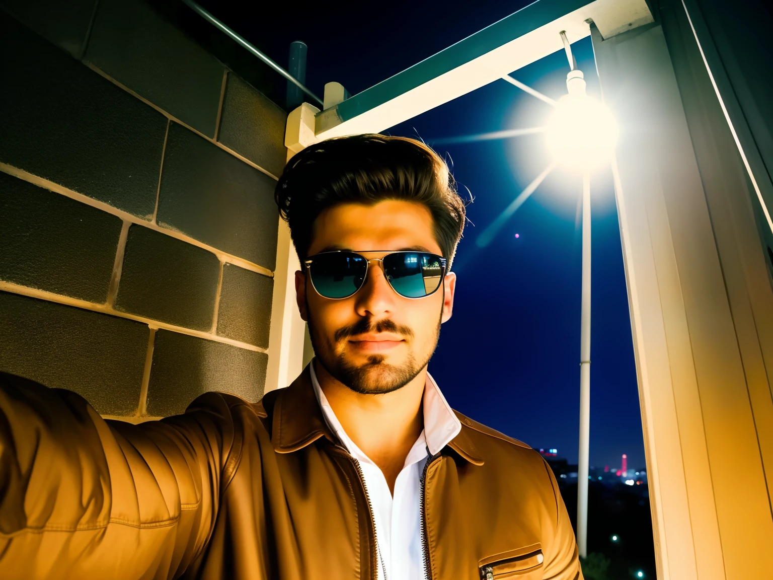 Convert this image to taking a night selfie from the future city , alter the background completely with future city reference , handsomely face , reliastic face with classic sunglasses, portrait profile picture ,