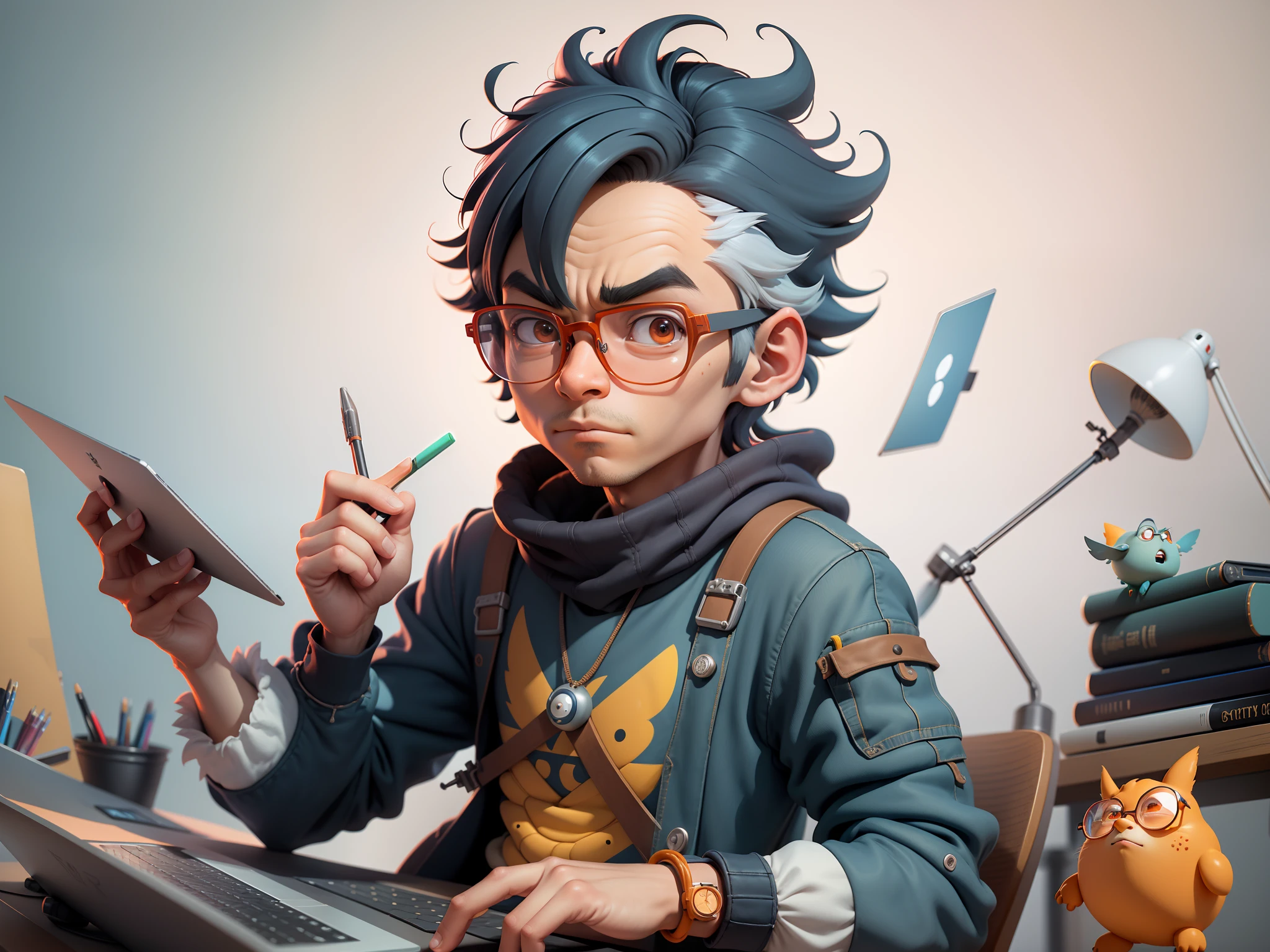 A young man with glasses sits at his desk,holding laptop,digitial painting,3D character design by Mark Clairen and Pixar and Hayao Miyazaki and Akira Toriyama,4K HD illustration,Very detailed facial features and cartoon-style visuals。